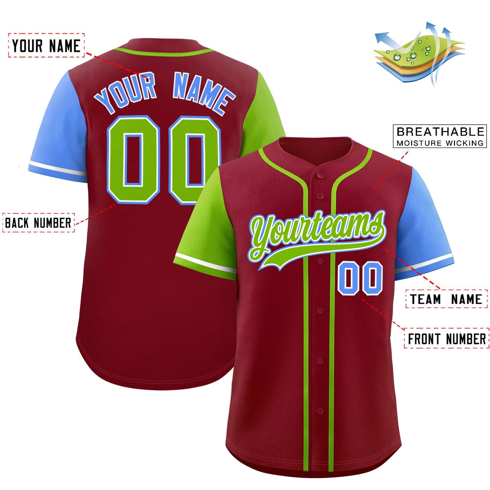 Custom Crimson Neon Green and Powder Blue Raglan Sleeves Authentic Baseball Jersey