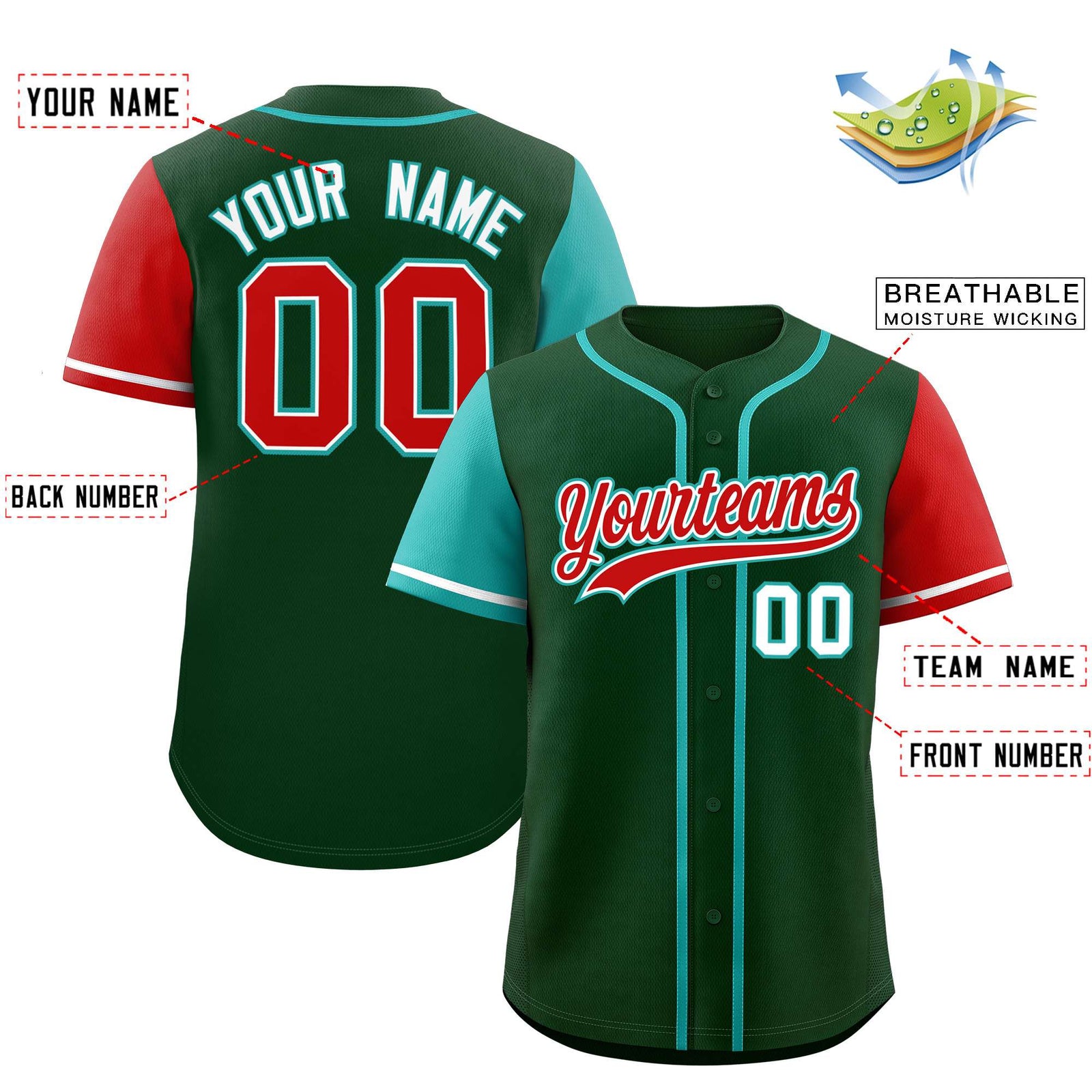 Custom Green Aqua and Red Raglan Sleeves Authentic Baseball Jersey