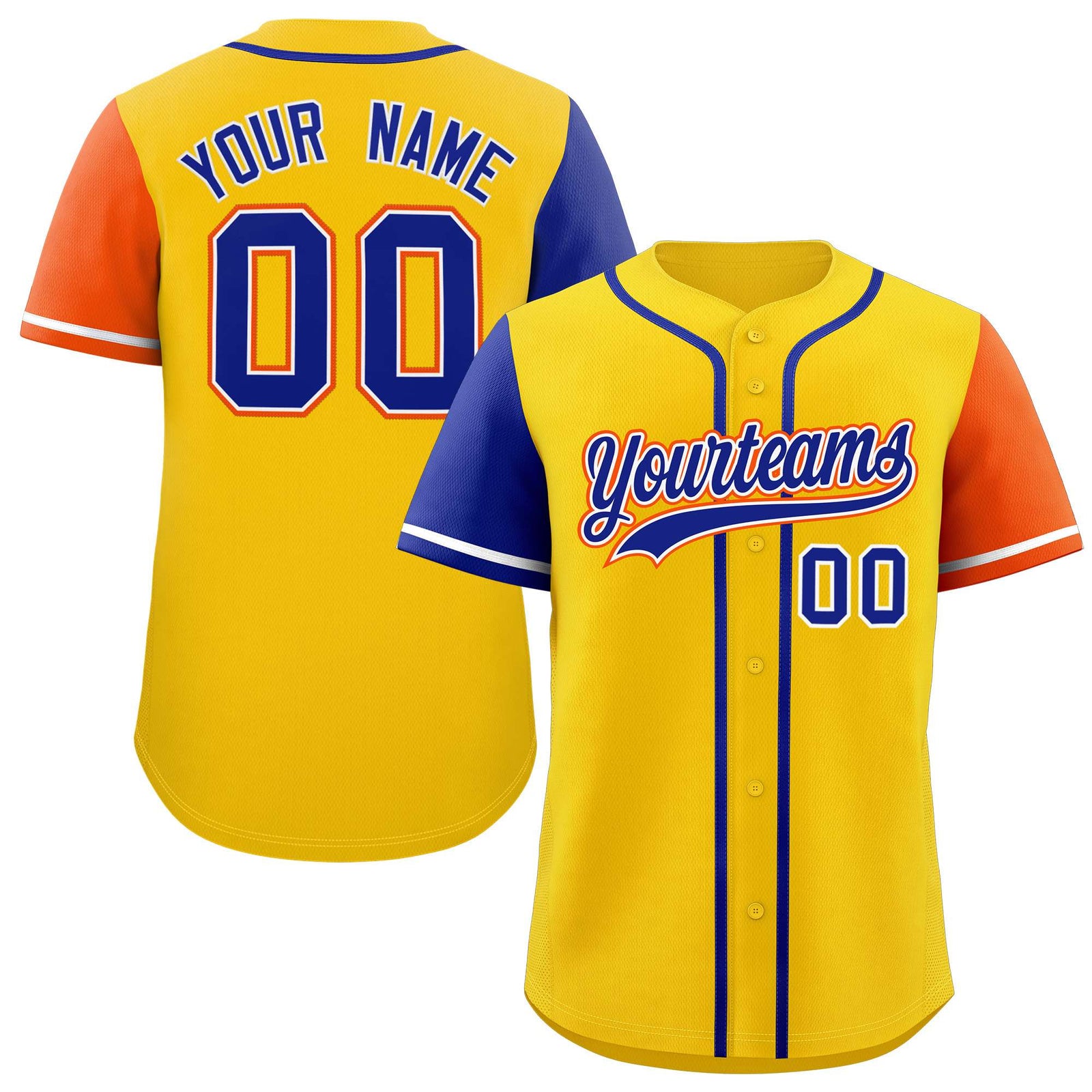 Custom Gold Royal and Orange Raglan Sleeves Authentic Baseball Jersey