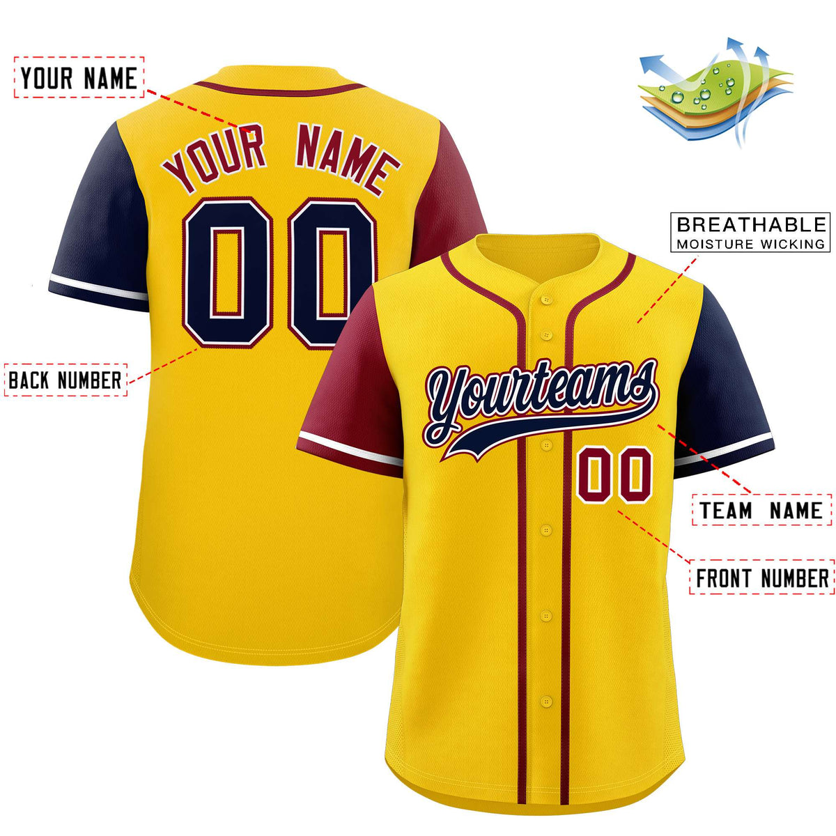 Custom Gold Crimson and Navy Raglan Sleeves Authentic Baseball Jersey