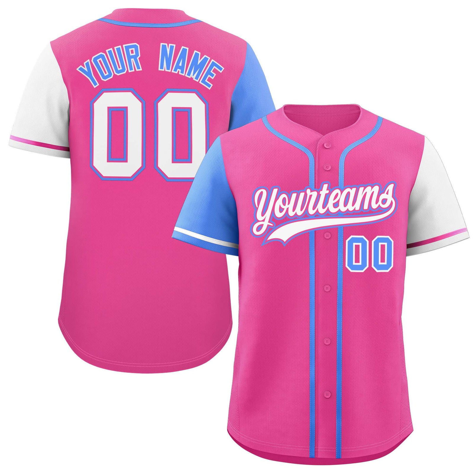 Custom Pink Powder Blue and White Raglan Sleeves Authentic Baseball Jersey