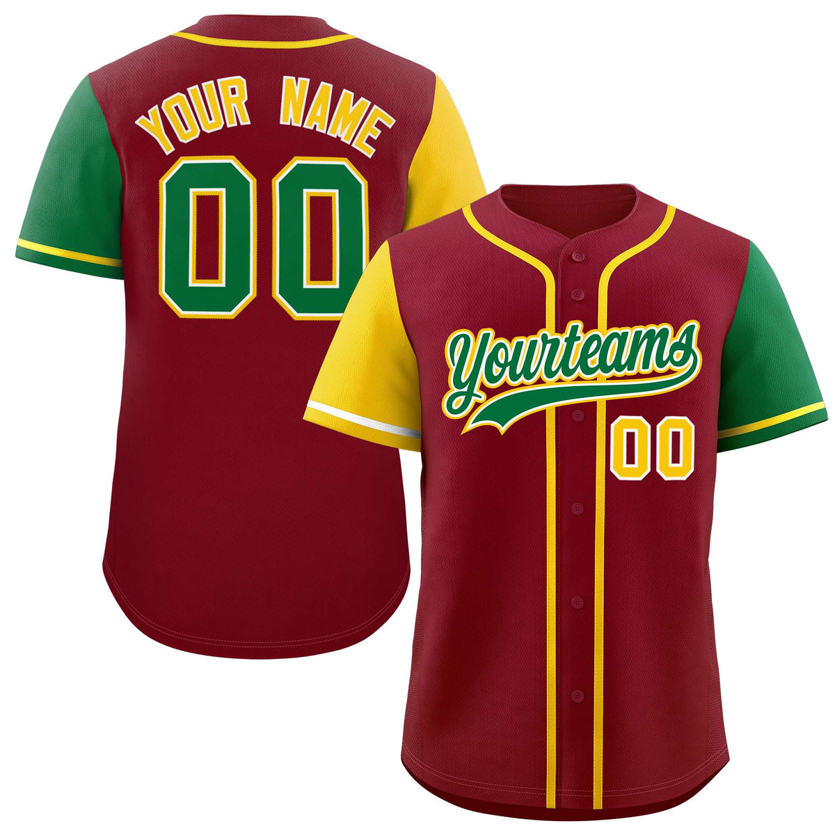 Custom Crimson Gold and Kelly Green Raglan Sleeves Authentic Baseball Jersey