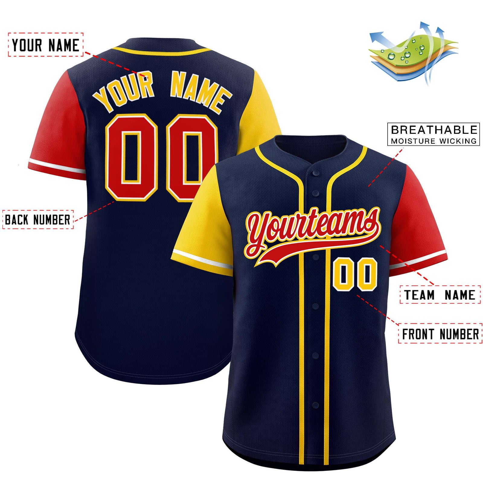 Custom Navy Gold and Red Raglan Sleeves Authentic Baseball Jersey