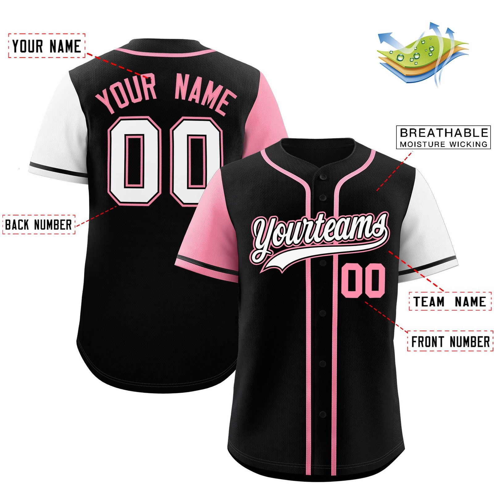 Custom Black Light Pink and White Raglan Sleeves Authentic Baseball Jersey