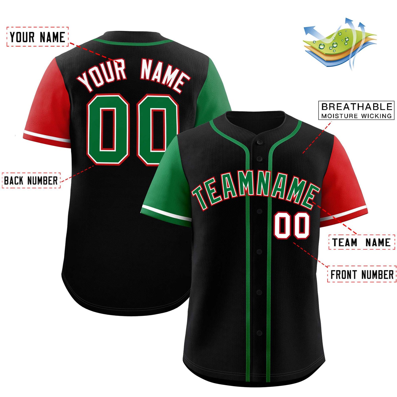 Custom Black Kelly Green and Red Raglan Sleeves Authentic Baseball Jersey