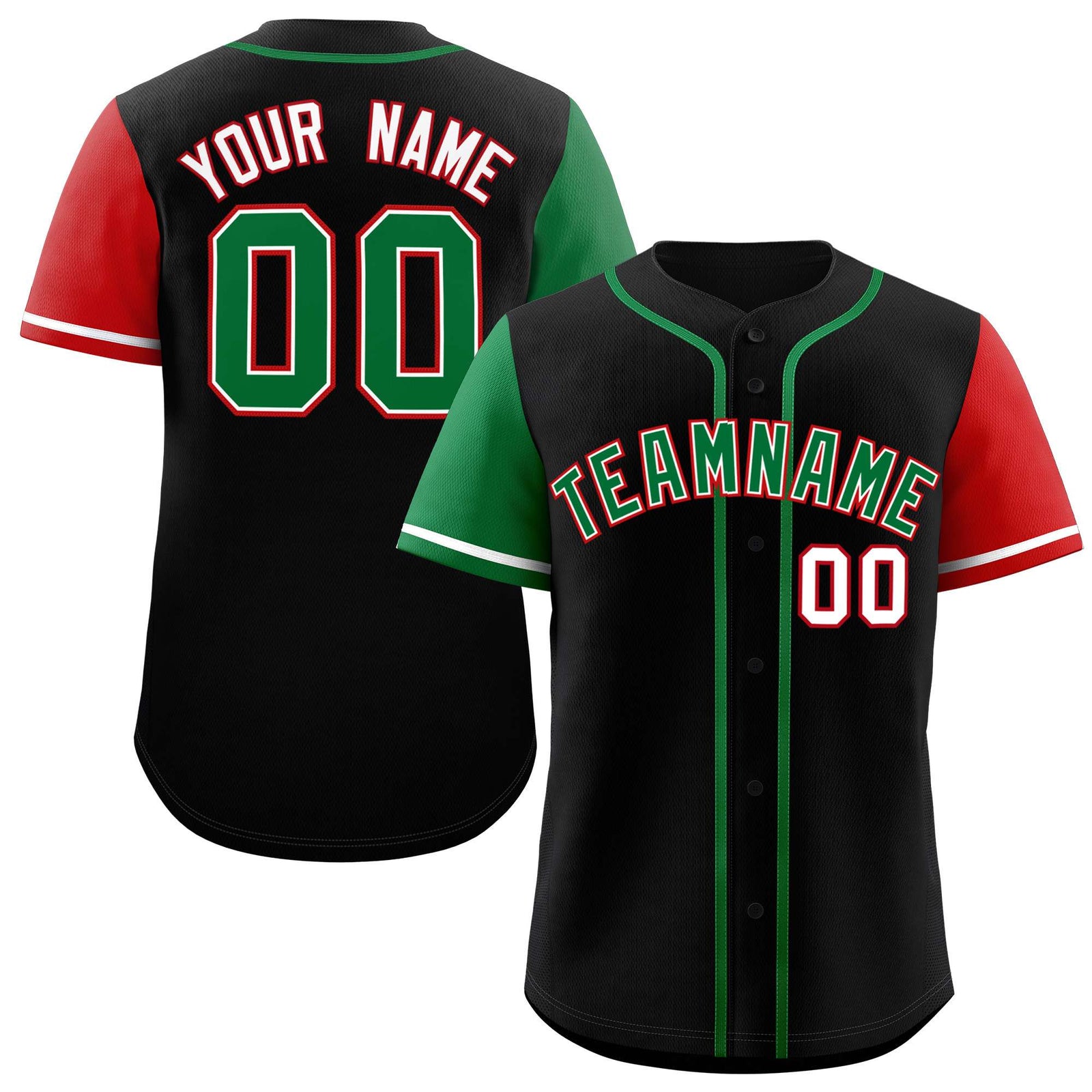 Custom Black Kelly Green and Red Raglan Sleeves Authentic Baseball Jersey