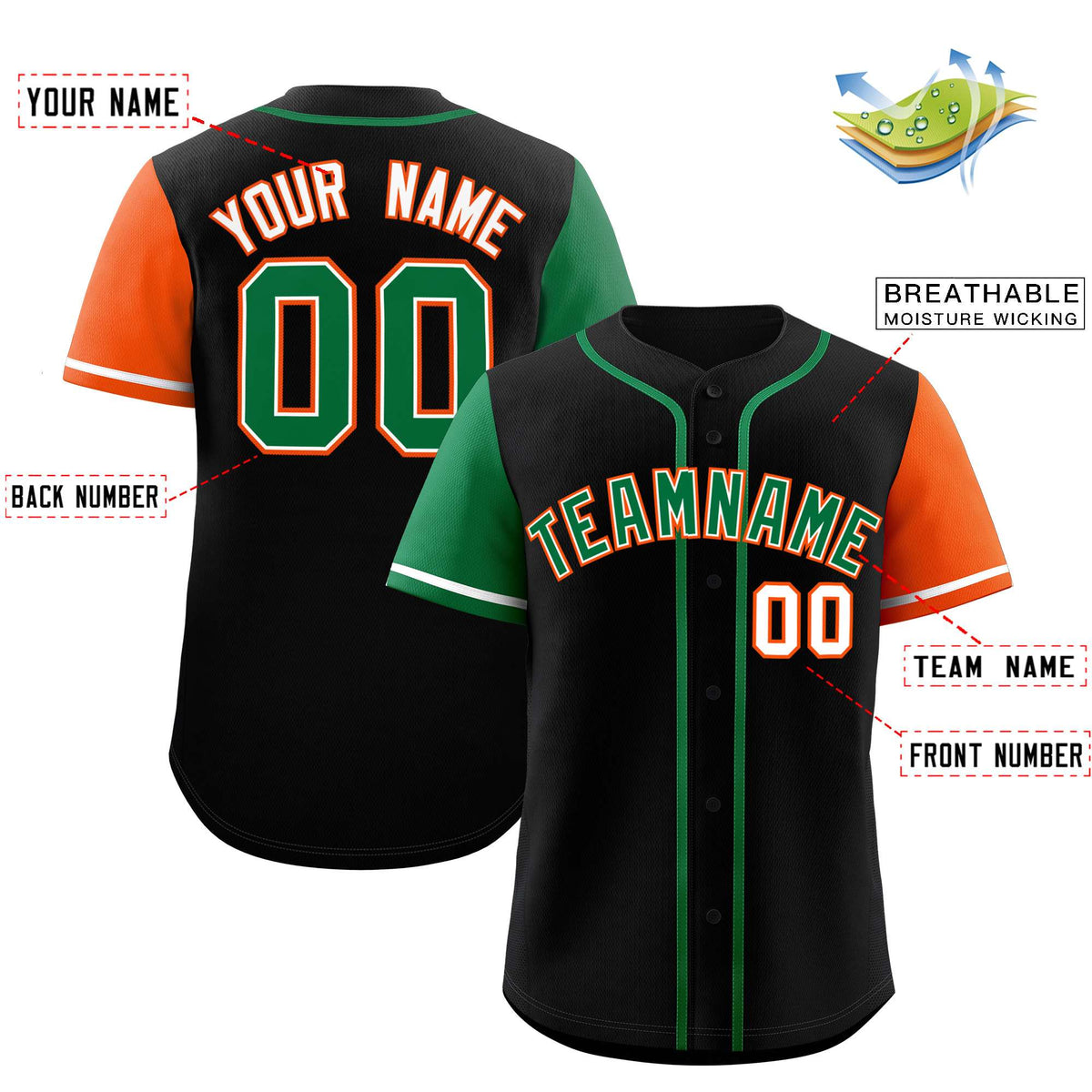 Custom Black Kelly Green and Orange Raglan Sleeves Authentic Baseball Jersey
