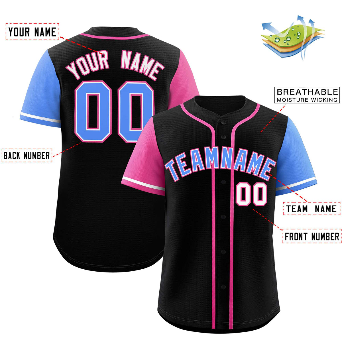 Custom Black Pink and Powder Blue Raglan Sleeves Authentic Baseball Jersey