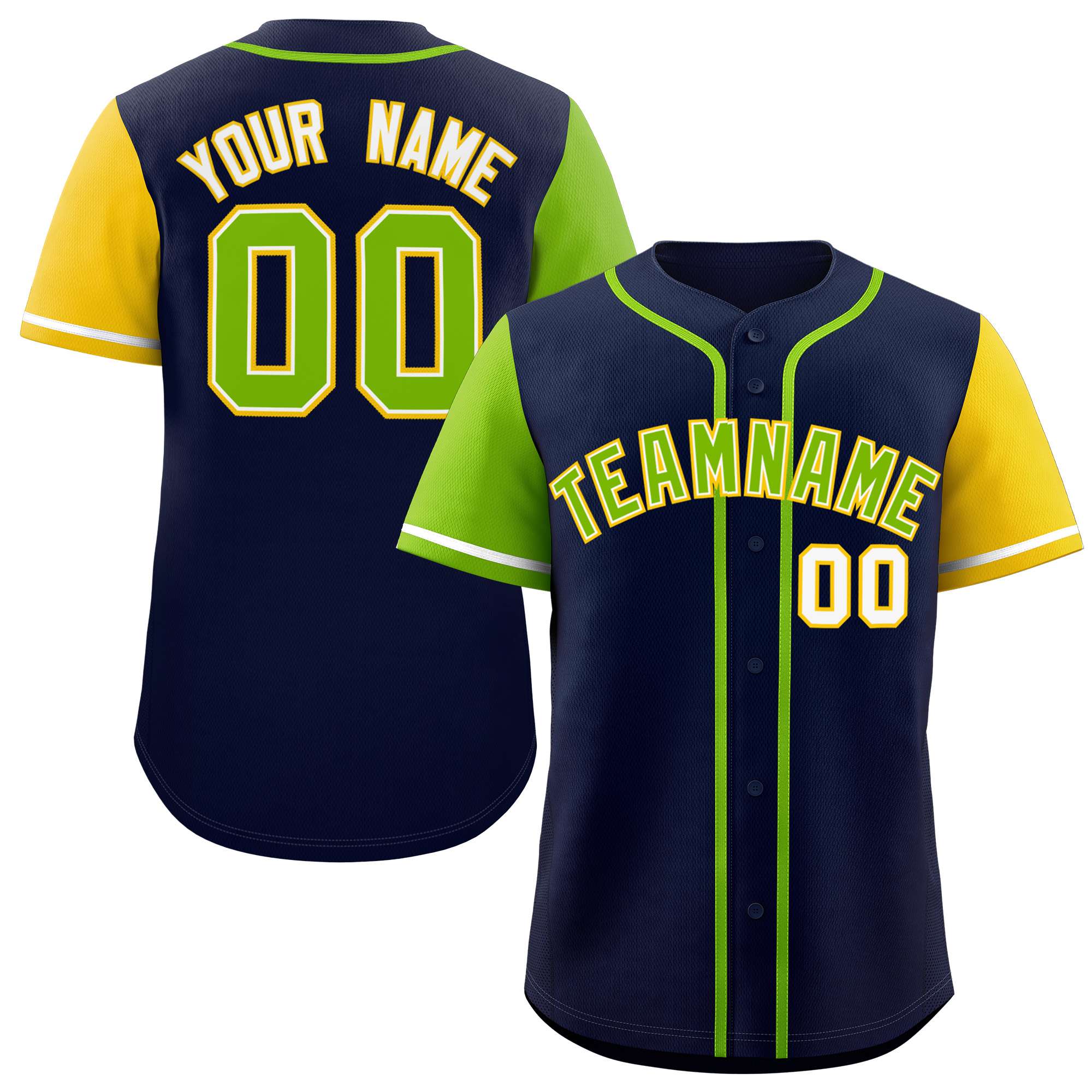 Custom Navy Neon Green and Gold Raglan Sleeves Authentic Baseball Jersey