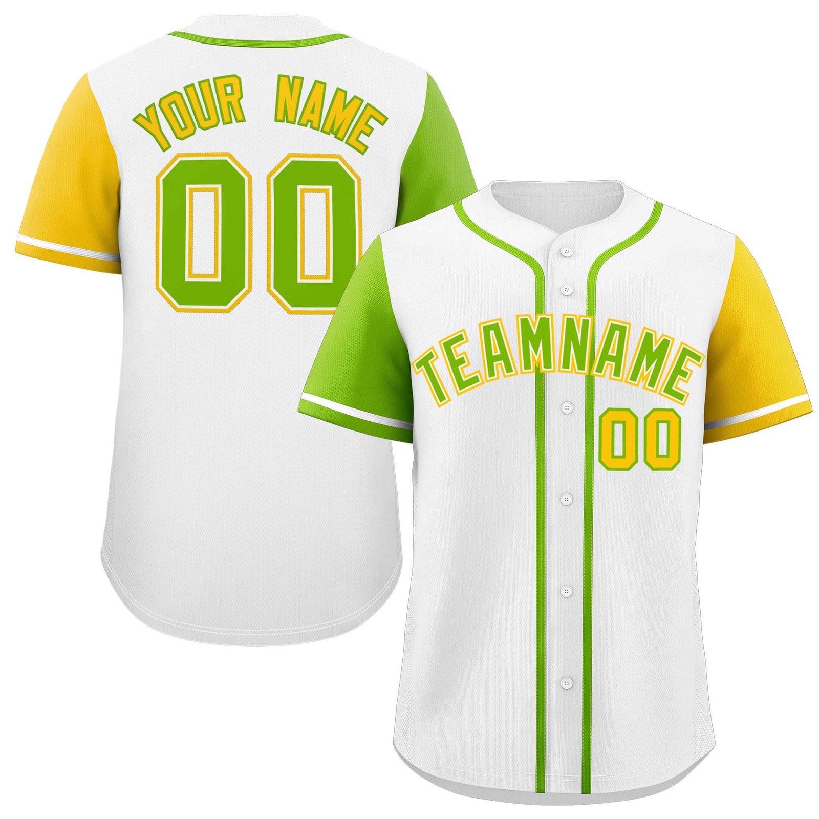 Custom White Neon Green and Gold Raglan Sleeves Authentic Baseball Jersey