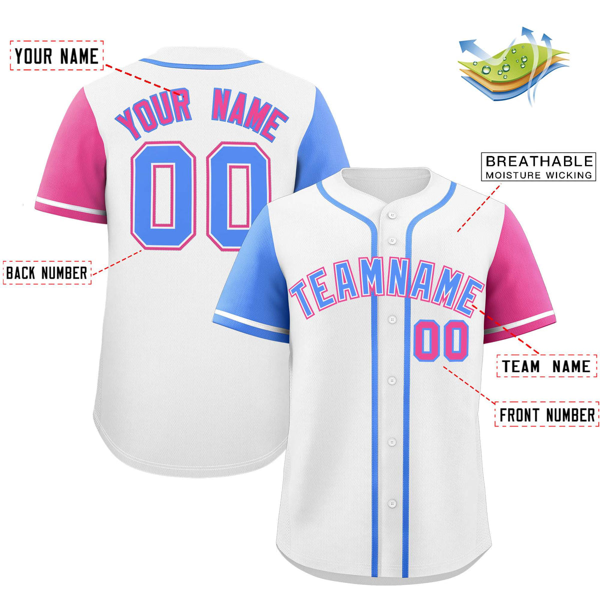 Custom White Powder Blue and Pink Raglan Sleeves Authentic Baseball Jersey