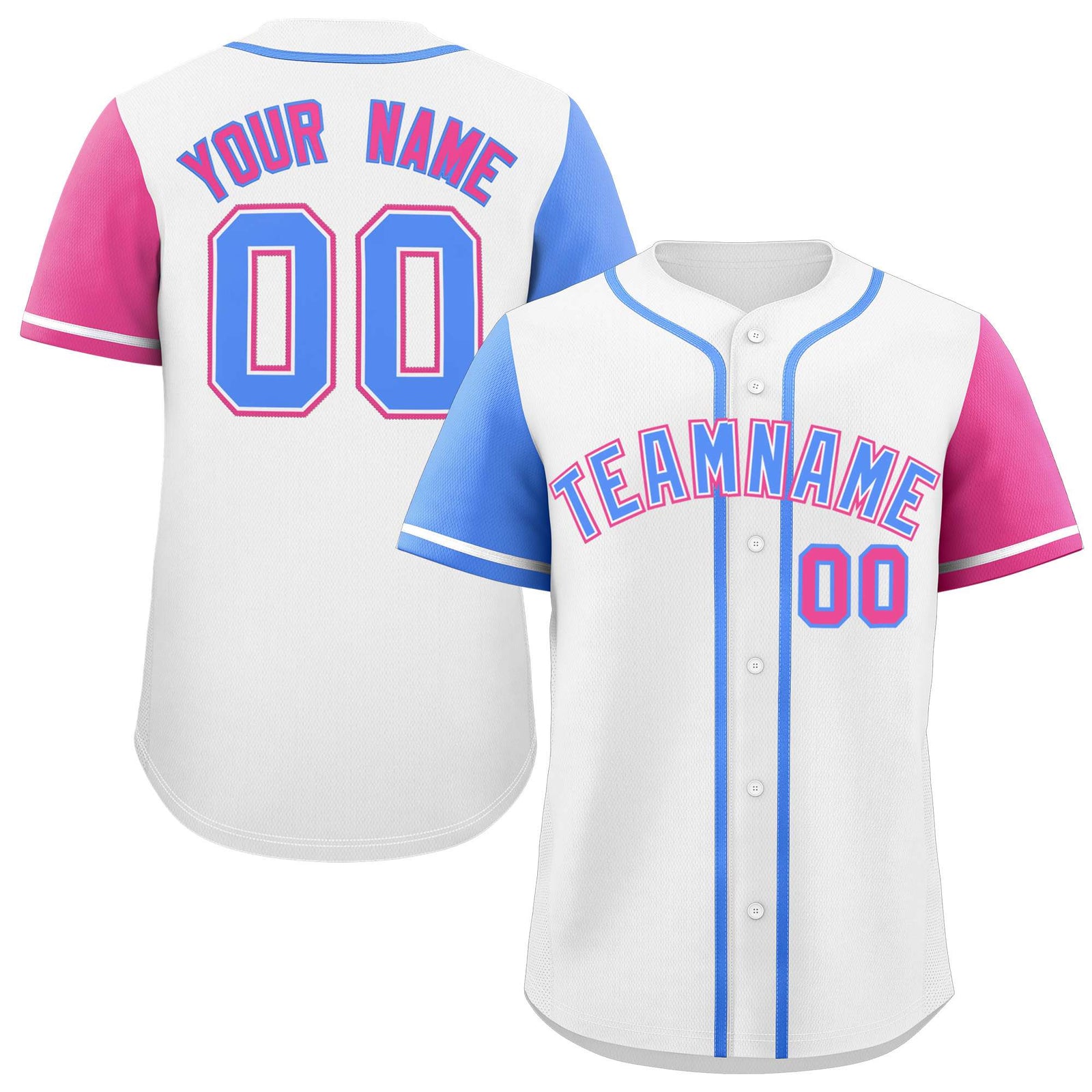 Custom White Powder Blue and Pink Raglan Sleeves Authentic Baseball Jersey