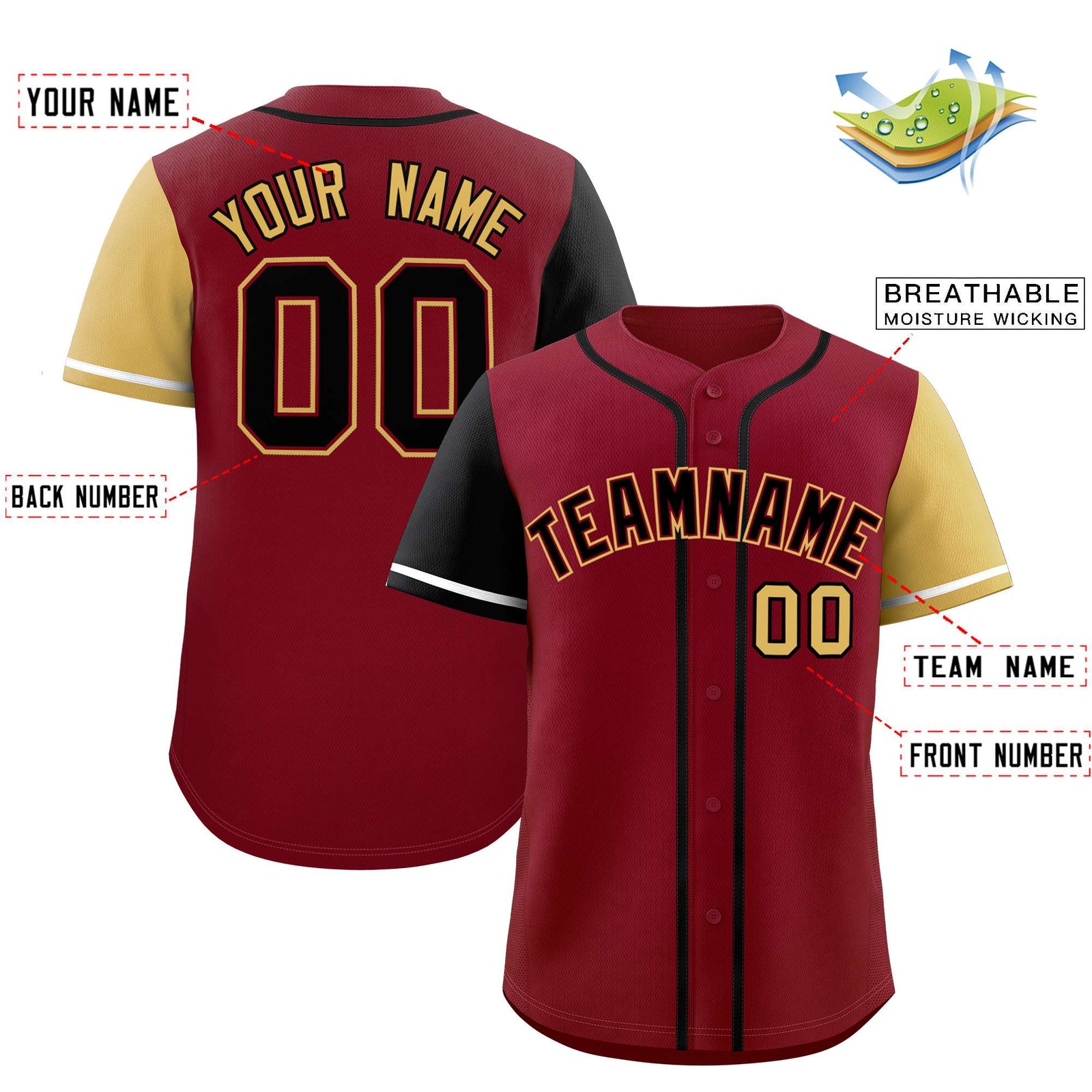 Custom Crimson Black and Khaki Raglan Sleeves Authentic Baseball Jersey