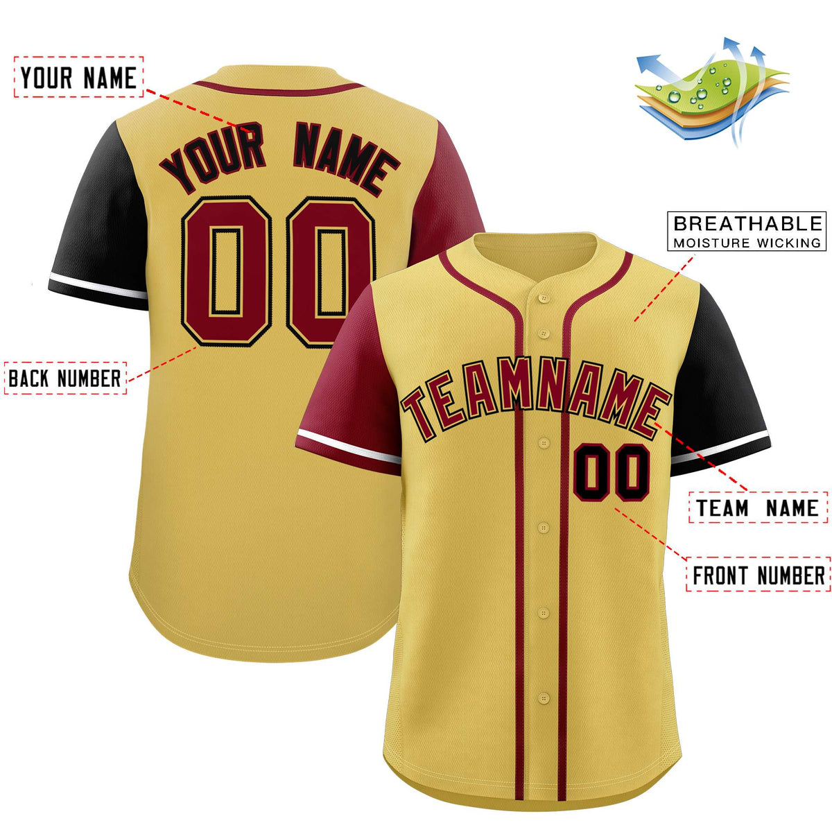 Custom Khaki Crimson and Black Raglan Sleeves Authentic Baseball Jersey