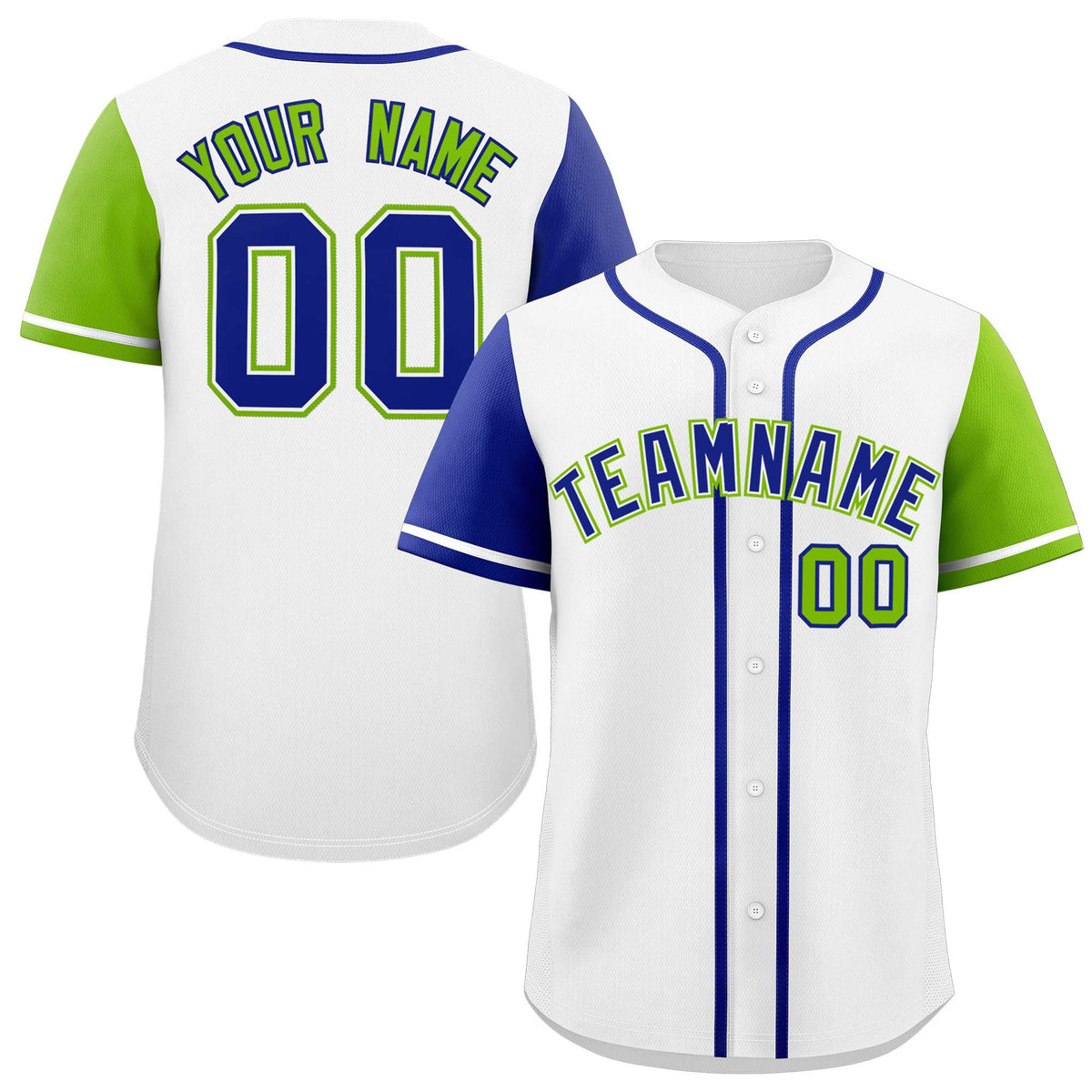 Custom White Royal and Neon Green Raglan Sleeves Authentic Baseball Jersey