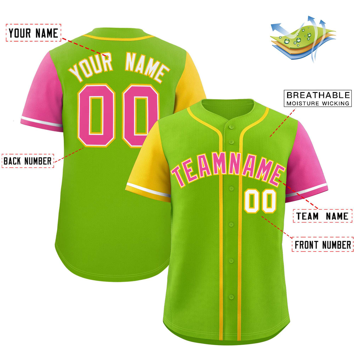 Custom Neon Green Gold and Pink Raglan Sleeves Authentic Baseball Jersey