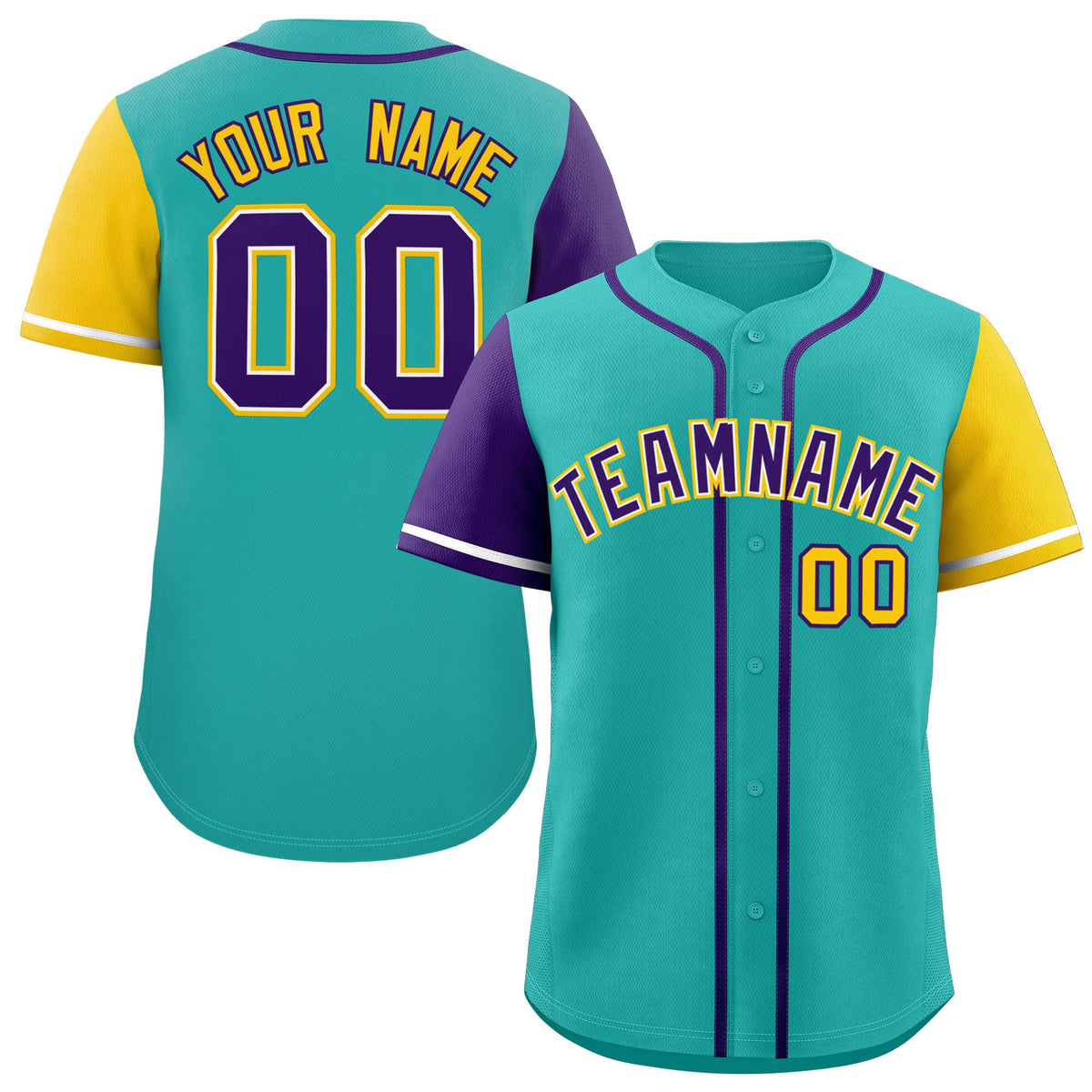 Custom Aqua Purple and Gold Raglan Sleeves Authentic Baseball Jersey