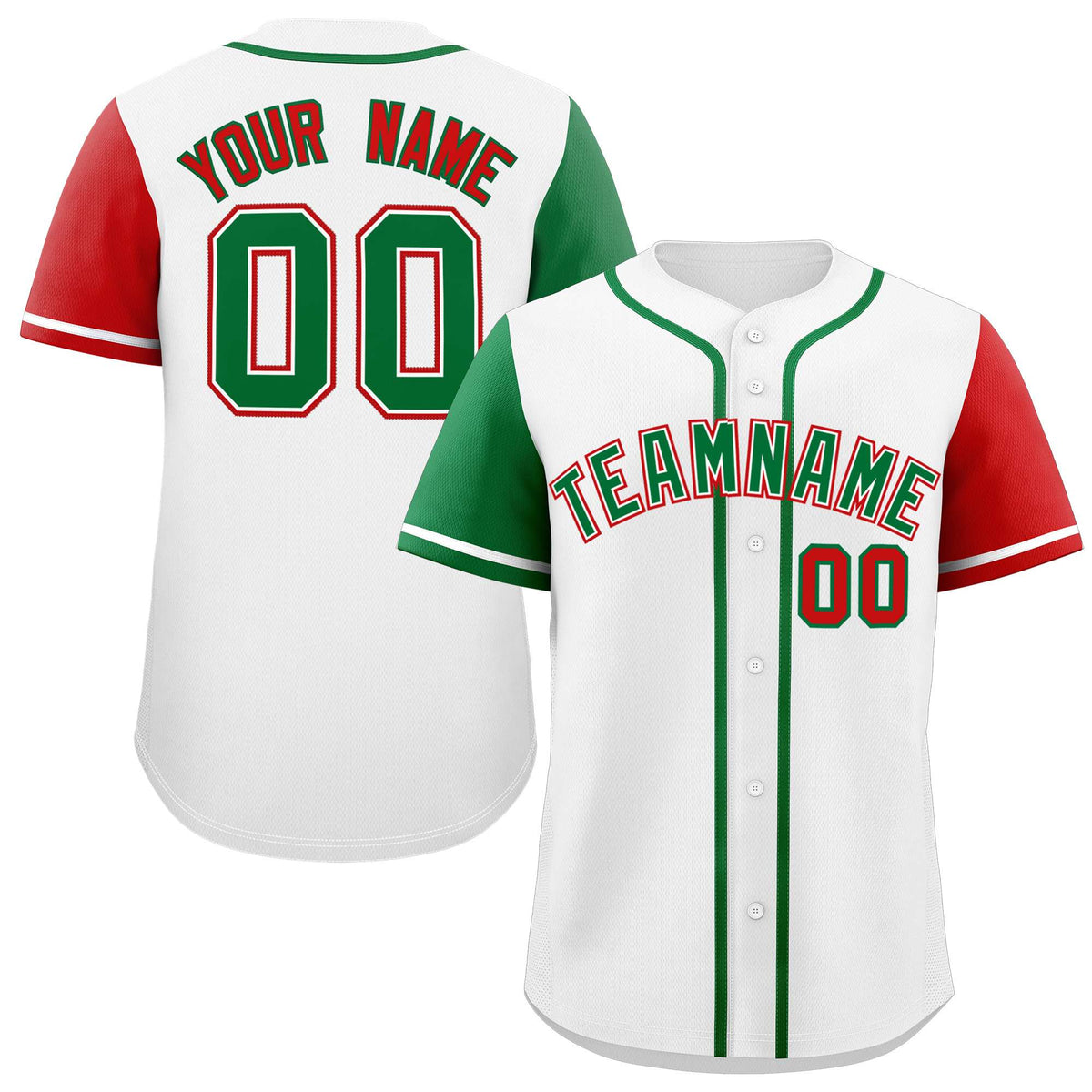 Custom White Kelly Green and Red Raglan Sleeves Authentic Baseball Jersey