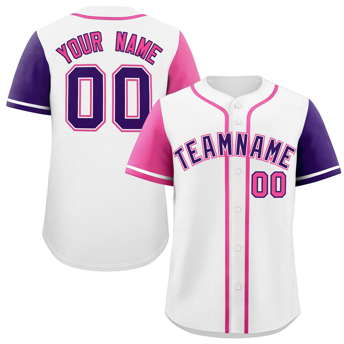 Custom White Pink and Purple Raglan Sleeves Authentic Baseball Jersey