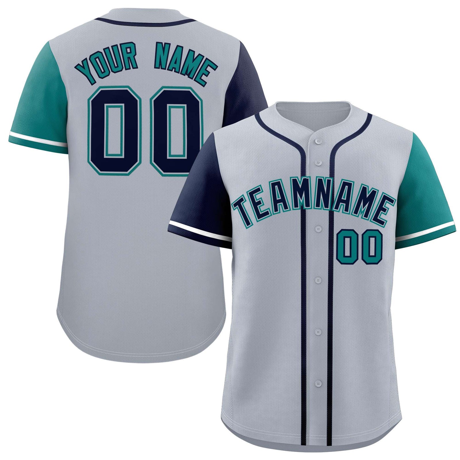 Custom Silver Navy and Aqua Raglan Sleeves Authentic Baseball Jersey