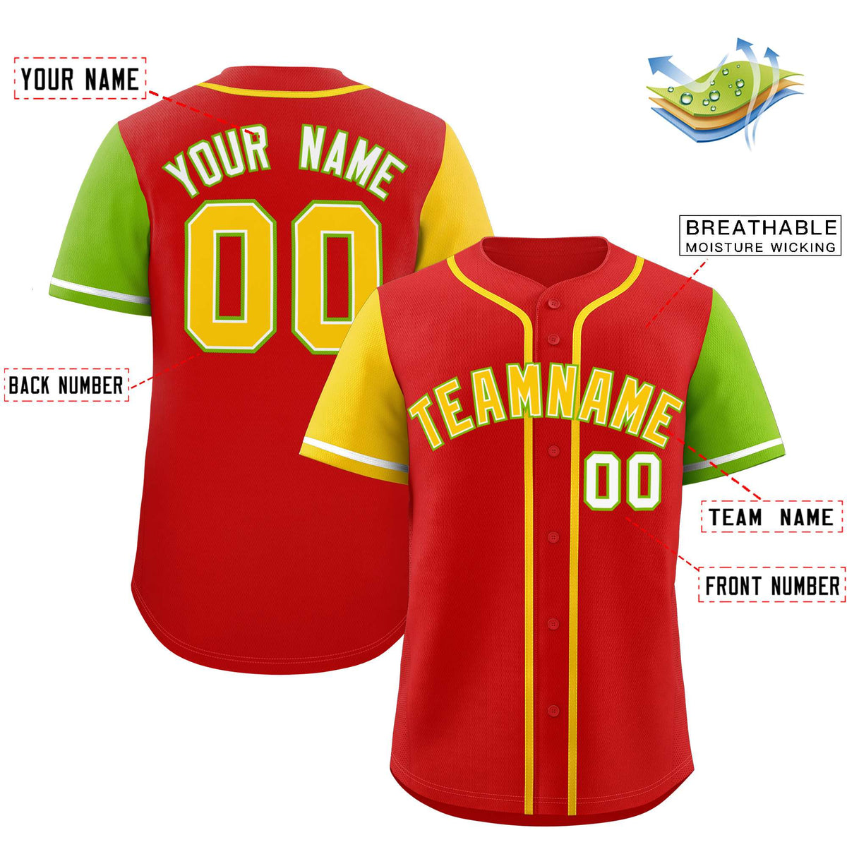 Custom Red Gold and Neon Green Raglan Sleeves Authentic Baseball Jersey