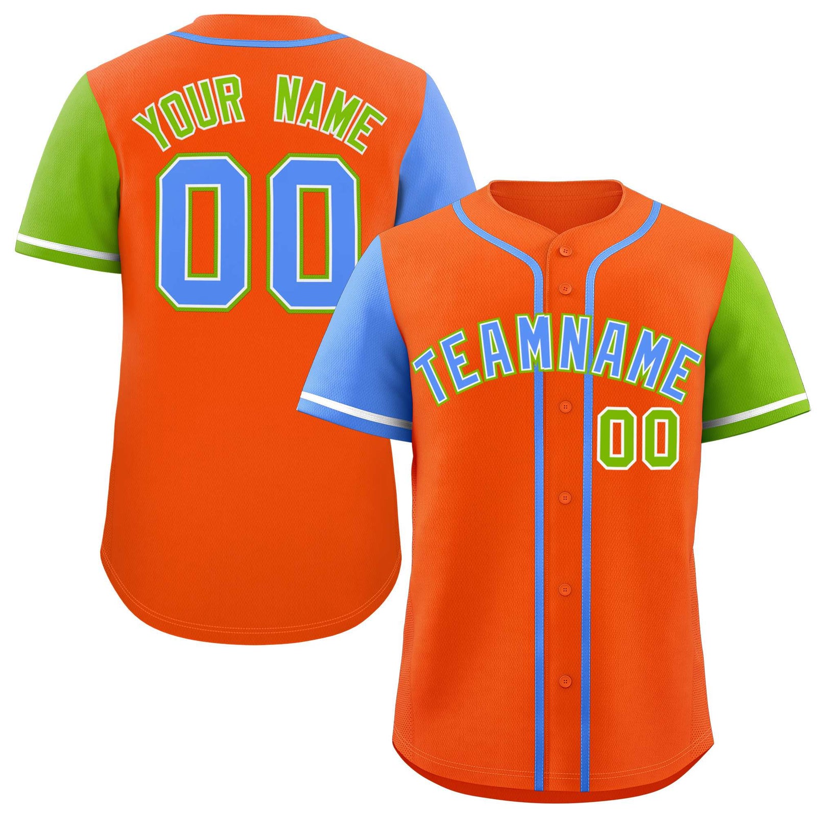 Custom Orange Powder Blue and Neon Green Raglan Sleeves Authentic Baseball Jersey