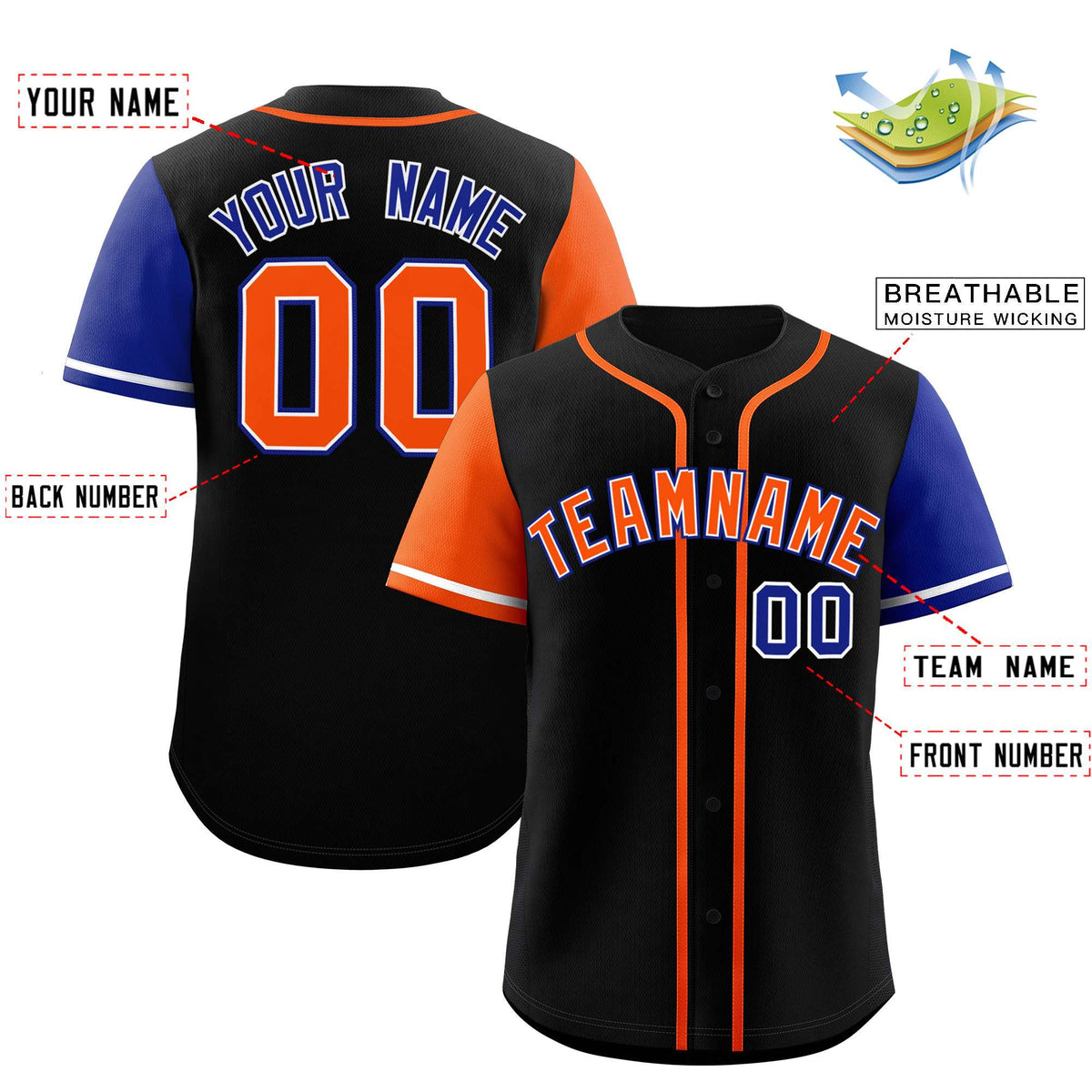 Custom Black Orange and Royal Raglan Sleeves Authentic Baseball Jersey
