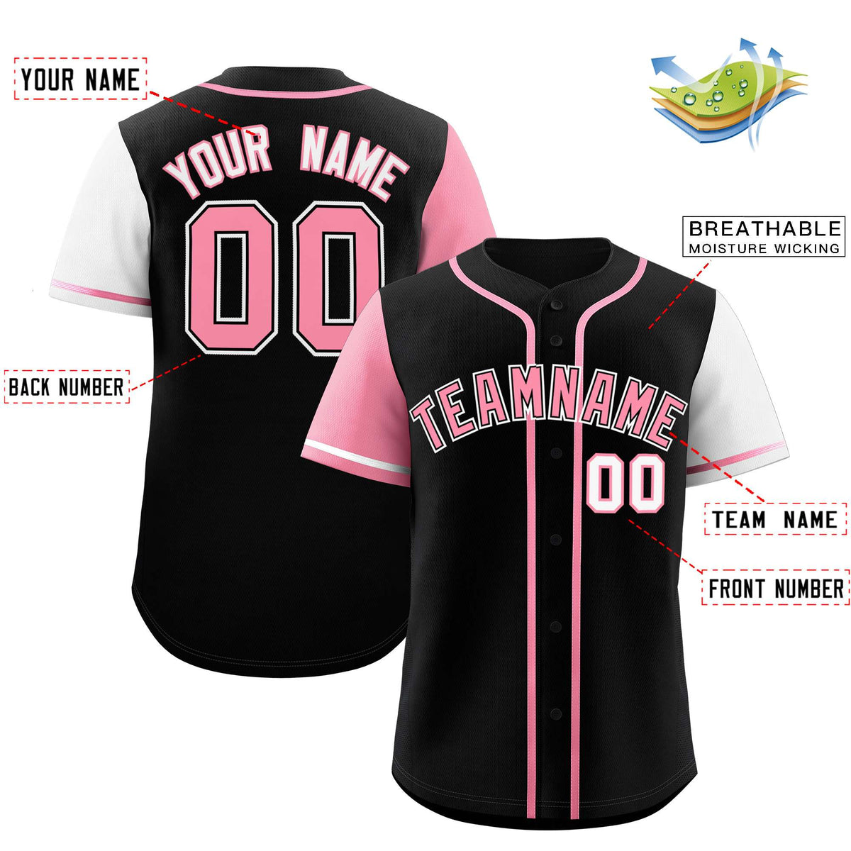 Custom Black Light Pink and White Raglan Sleeves Authentic Baseball Jersey