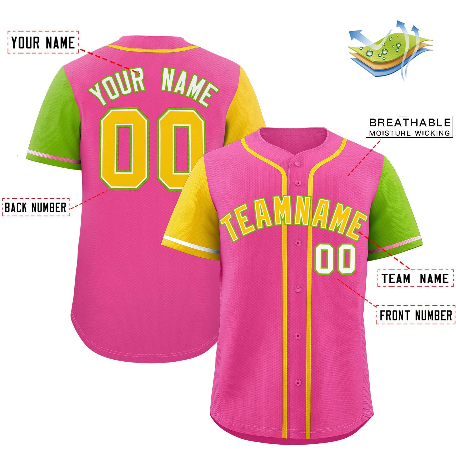 Custom Pink Gold and Neon Green Raglan Sleeves Authentic Baseball Jersey