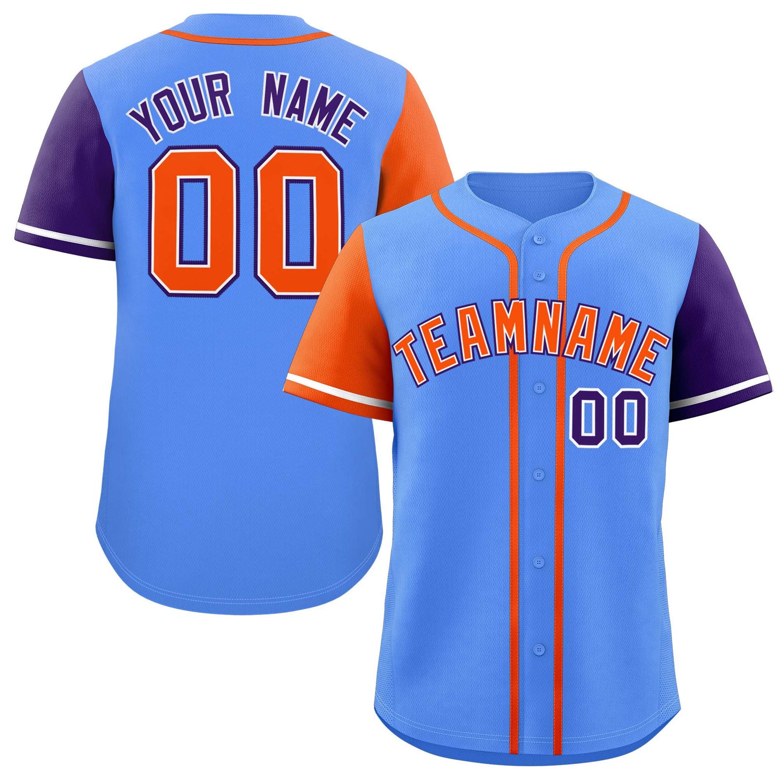 Custom Powder Blue Orange and Purple Raglan Sleeves Authentic Baseball Jersey