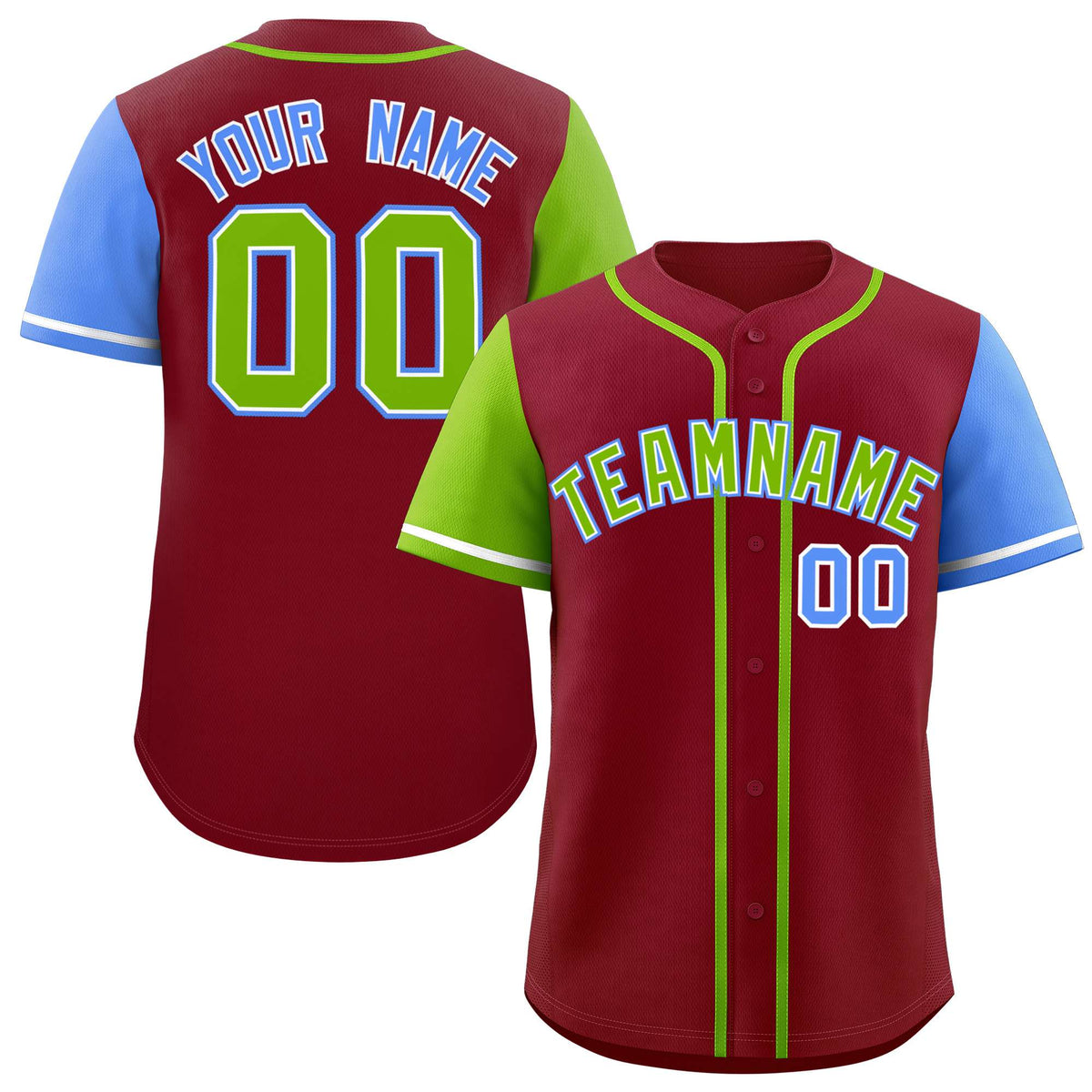 Custom Crimson Neon Green and Powder Blue Raglan Sleeves Authentic Baseball Jersey