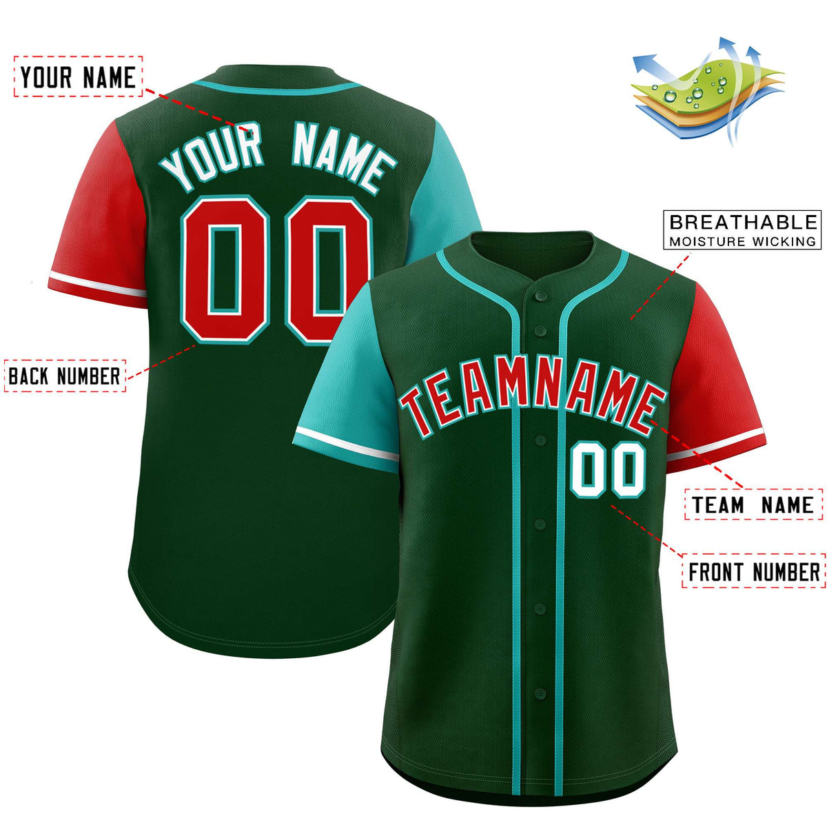 Custom Green Aqua and Red Raglan Sleeves Authentic Baseball Jersey