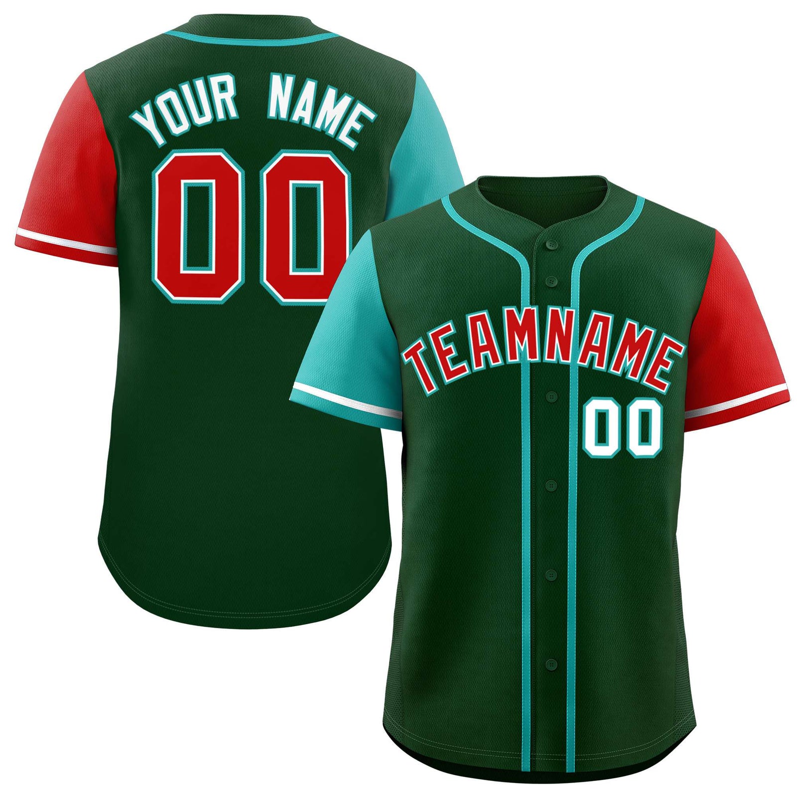 Custom Green Aqua and Red Raglan Sleeves Authentic Baseball Jersey