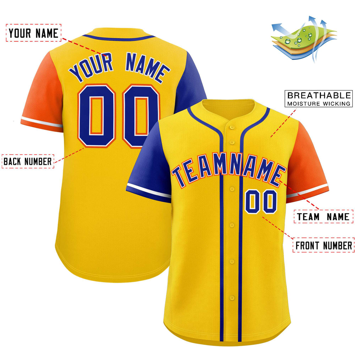 Custom Gold Royal and Orange Raglan Sleeves Authentic Baseball Jersey