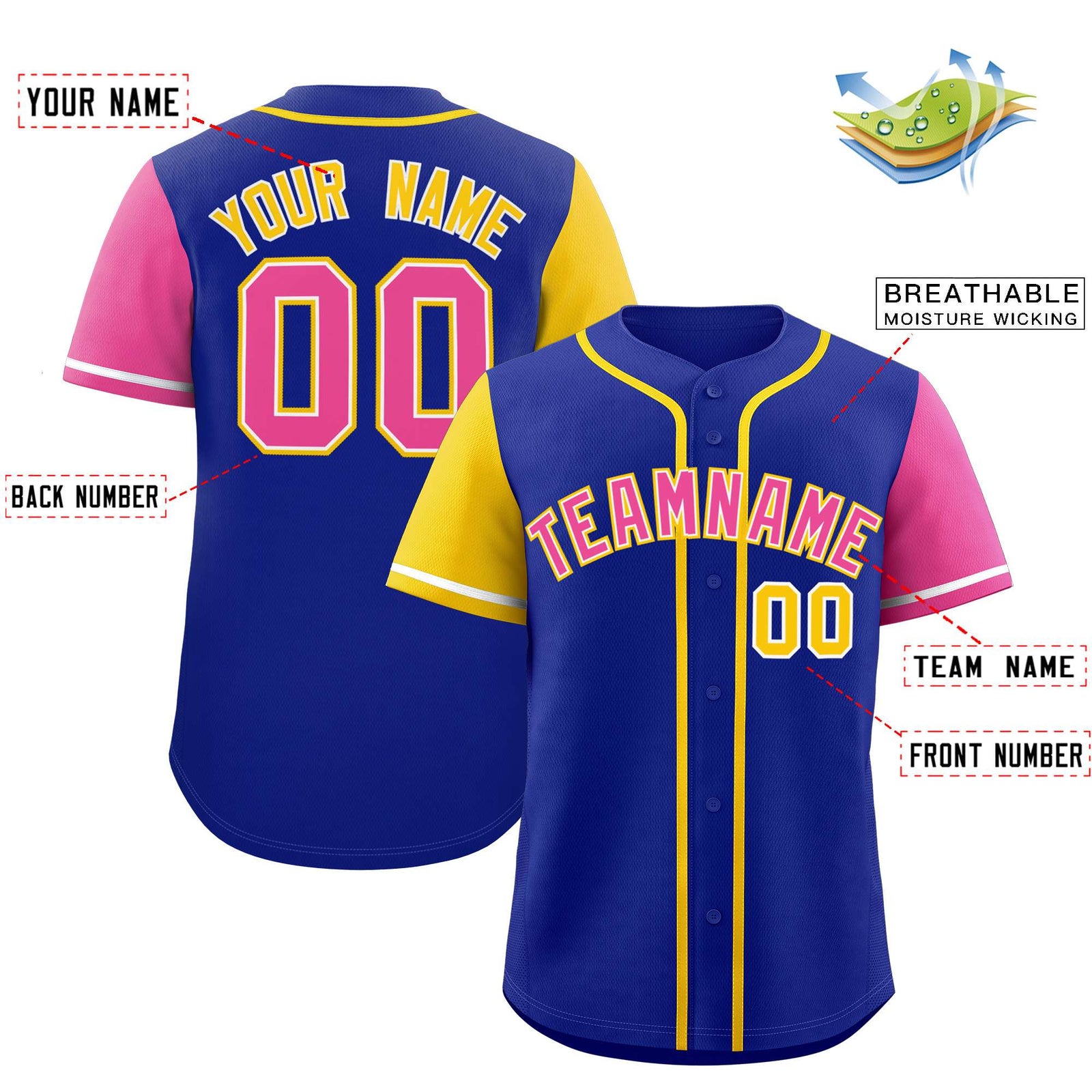 Custom Royal Gold and Pink Raglan Sleeves Authentic Baseball Jersey