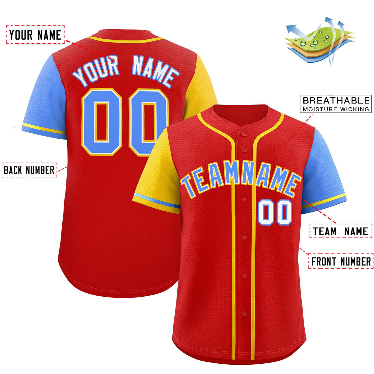 Custom Red Gold and Powder Blue Raglan Sleeves Authentic Baseball Jersey