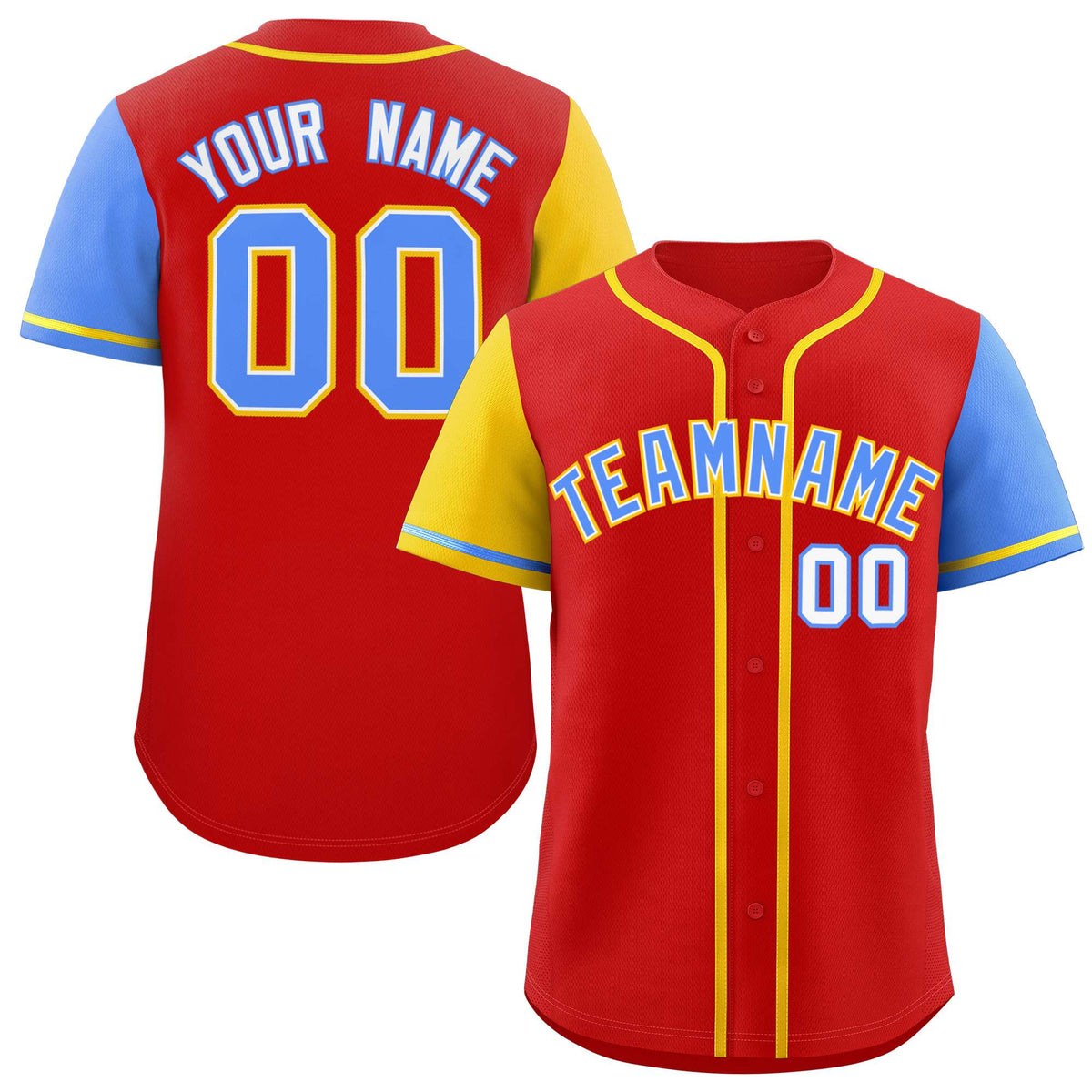 Custom Red Gold and Powder Blue Raglan Sleeves Authentic Baseball Jersey