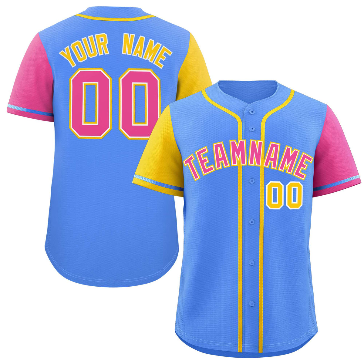 Custom Powder Blue Gold and Pink Raglan Sleeves Authentic Baseball Jersey