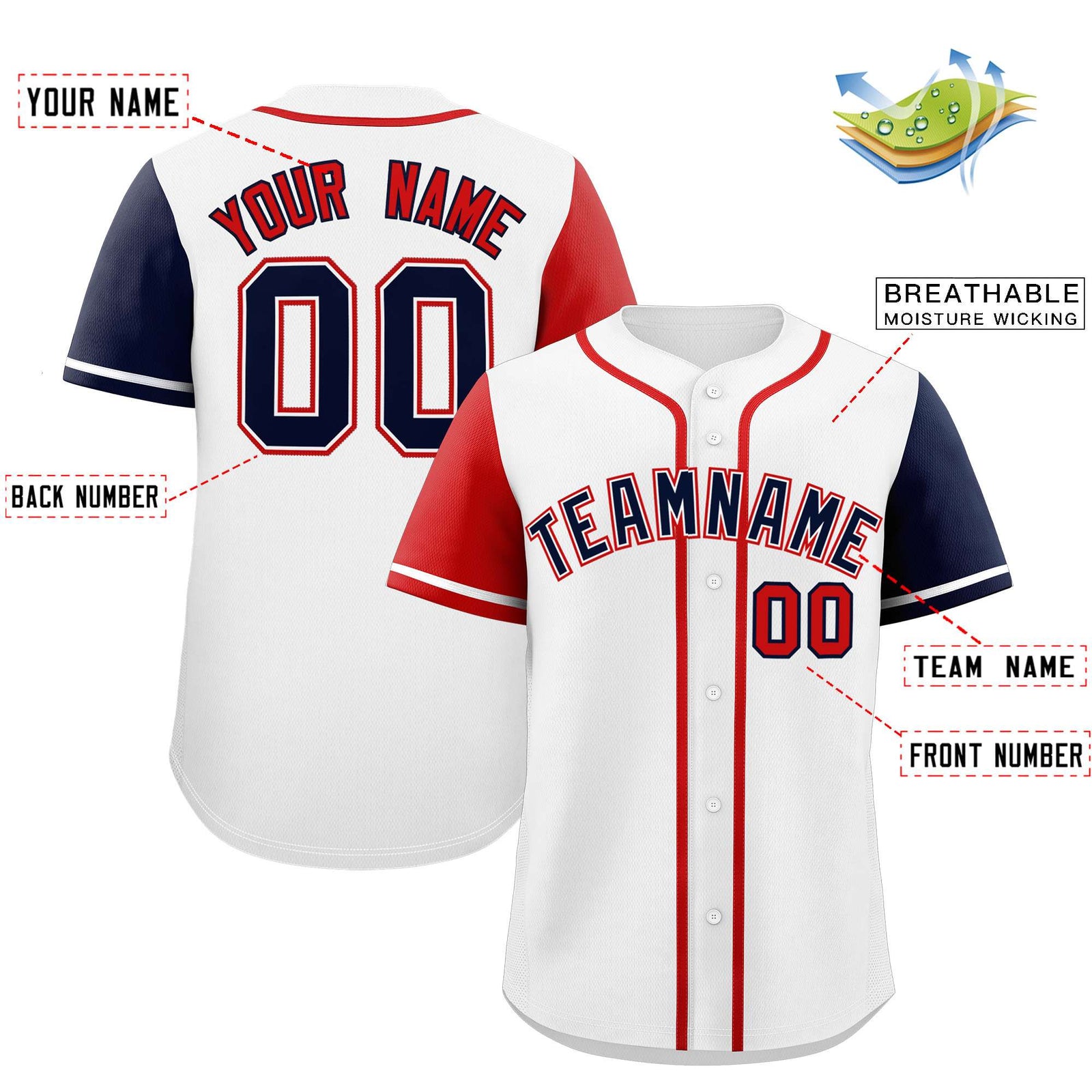 Custom White Red and Navy Raglan Sleeves Authentic Baseball Jersey