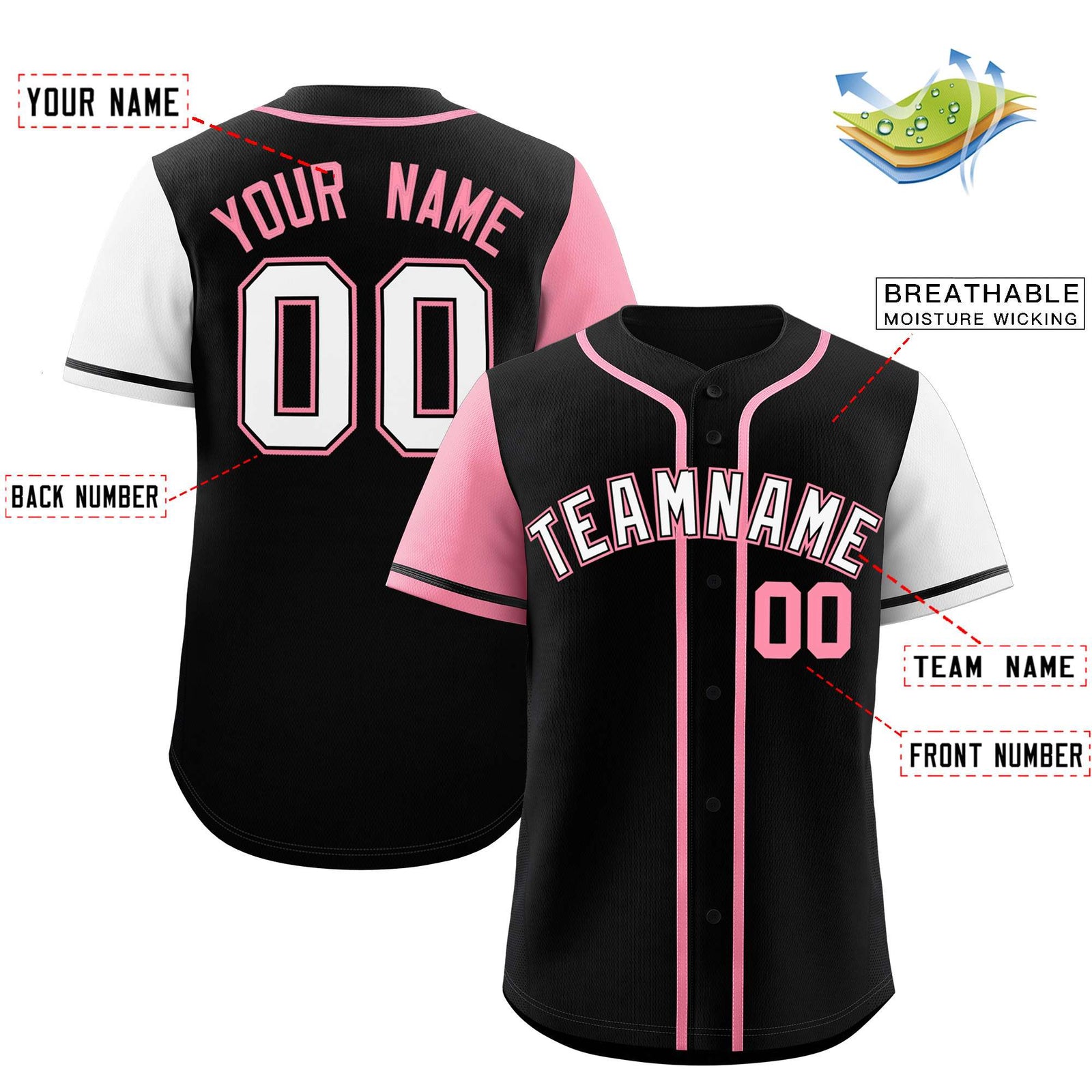 Custom Black Light Pink and White Raglan Sleeves Authentic Baseball Jersey