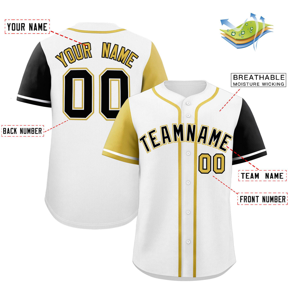 Custom White Old Gold and Black Raglan Sleeves Authentic Baseball Jersey