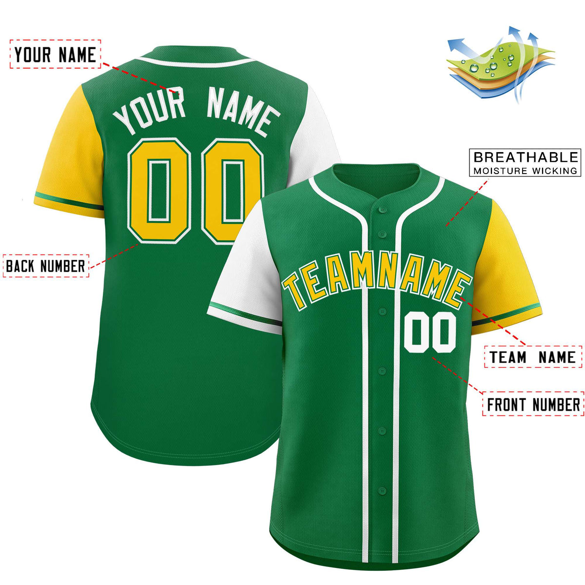 Custom Kelly Green White and Gold Raglan Sleeves Authentic Baseball Jersey