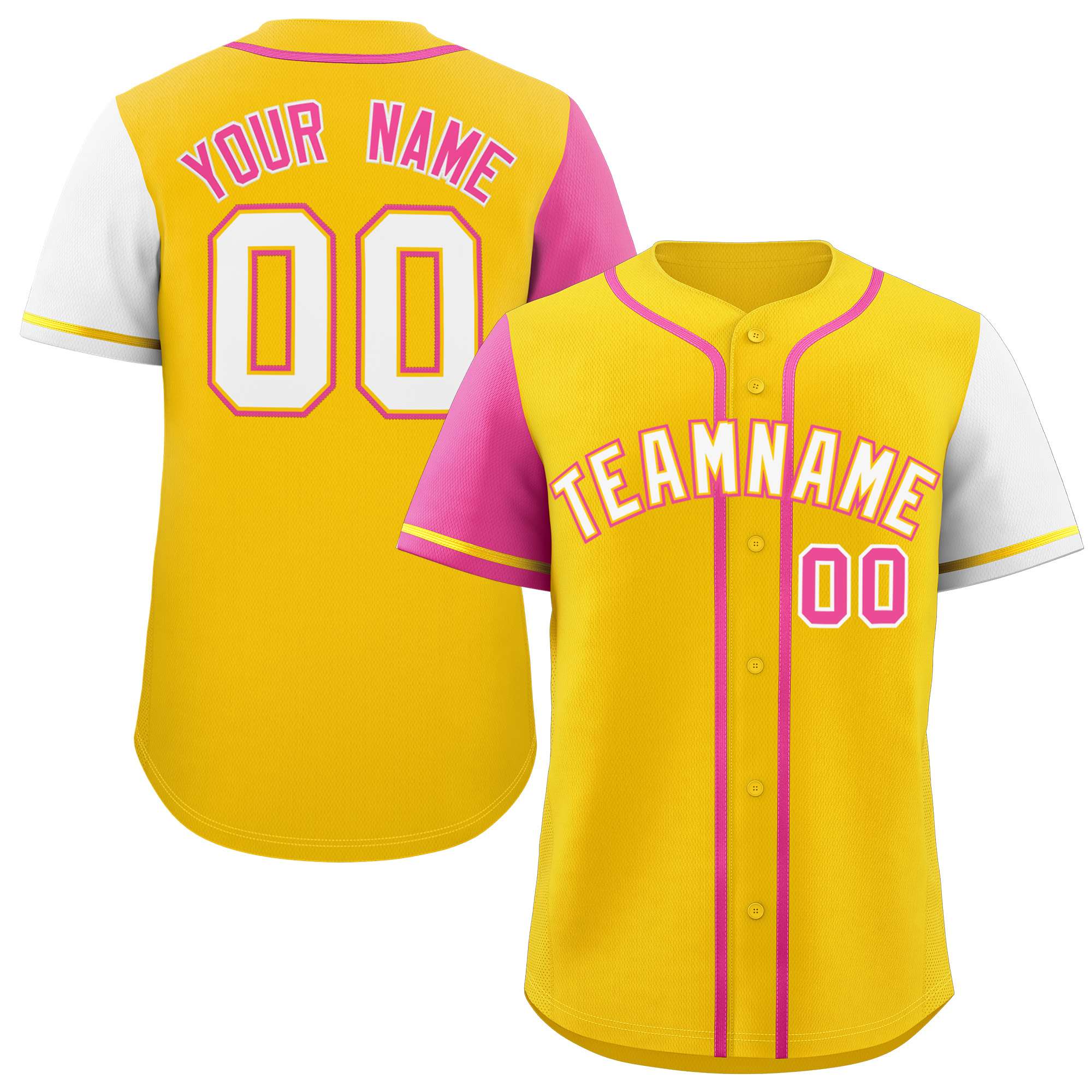 Custom Gold Pink and White Raglan Sleeves Authentic Baseball Jersey