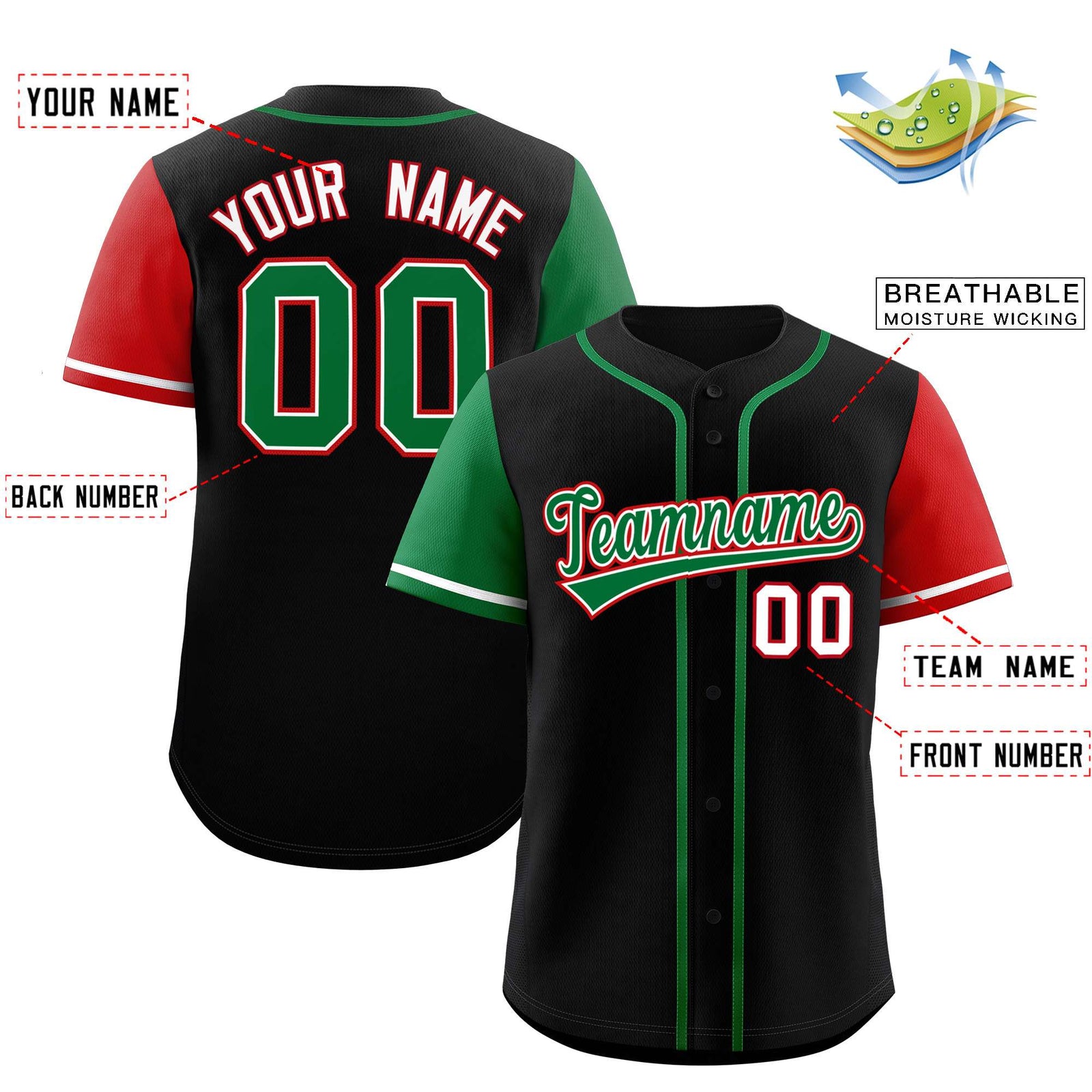 Custom Black Kelly Green and Red Raglan Sleeves Authentic Baseball Jersey