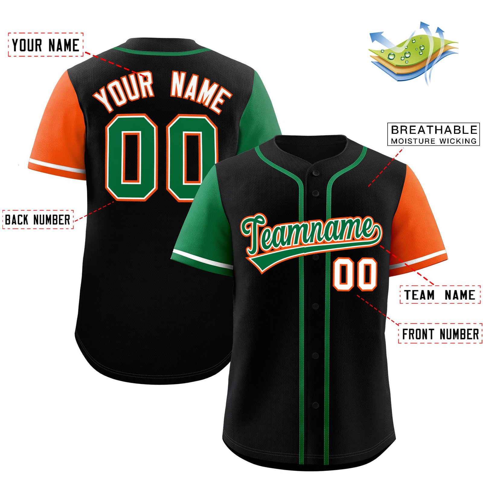 Custom Black Kelly Green and Orange Raglan Sleeves Authentic Baseball Jersey