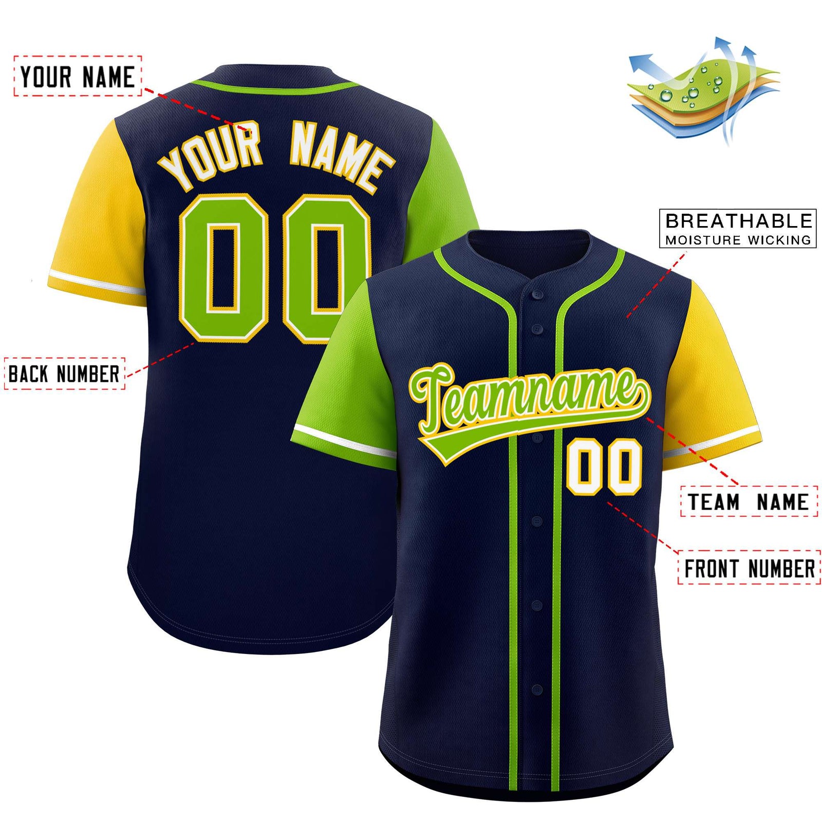 Custom Navy Neon Green and Gold Raglan Sleeves Authentic Baseball Jersey