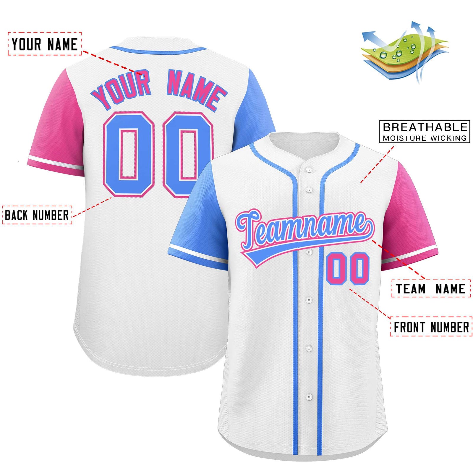 Custom White Powder Blue and Pink Raglan Sleeves Authentic Baseball Jersey