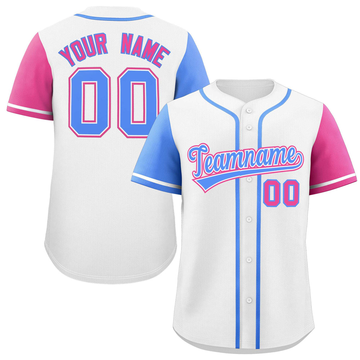 Custom White Powder Blue and Pink Raglan Sleeves Authentic Baseball Jersey