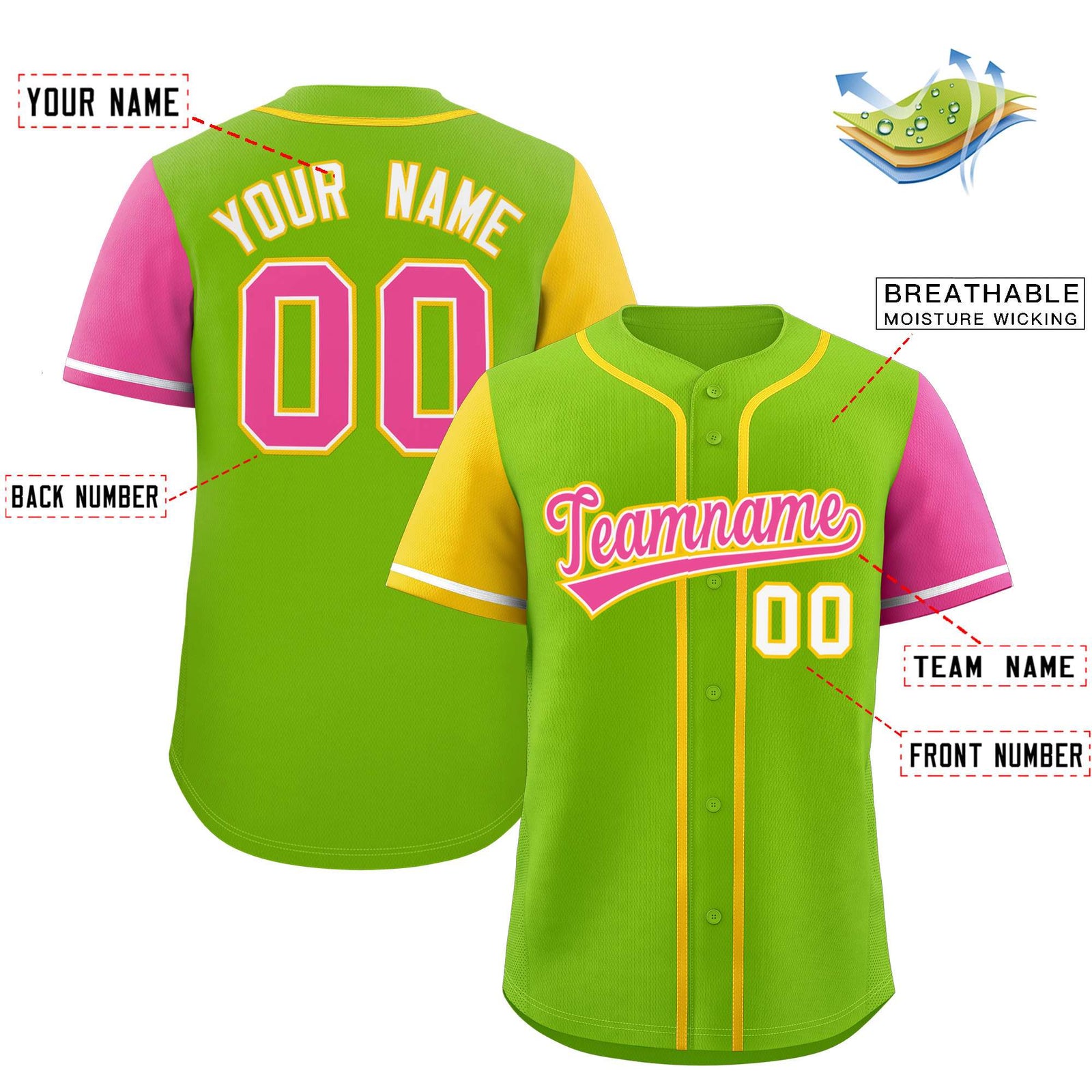 Custom Neon Green Gold and Pink Raglan Sleeves Authentic Baseball Jersey