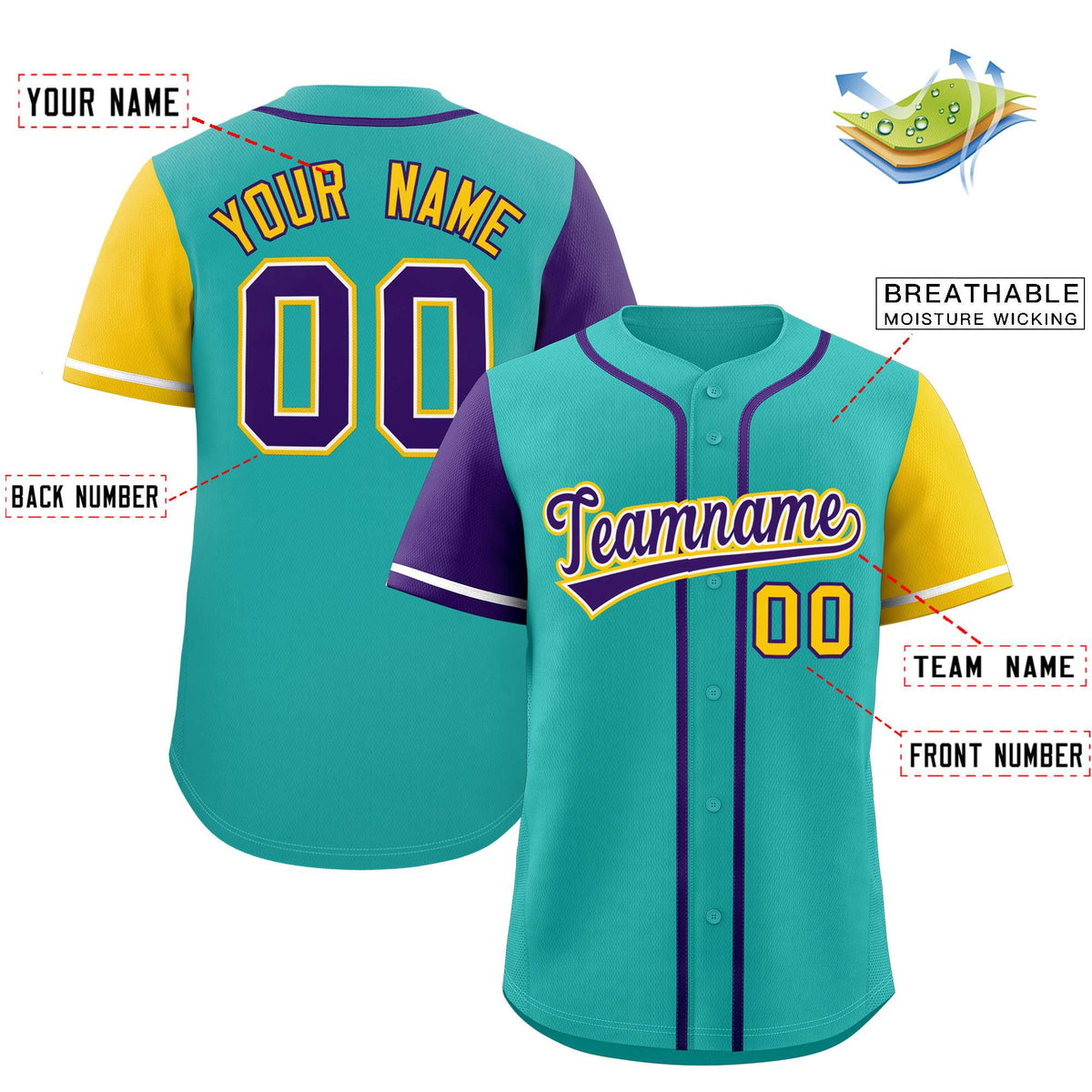 Custom Aqua Purple and Gold Raglan Sleeves Authentic Baseball Jersey